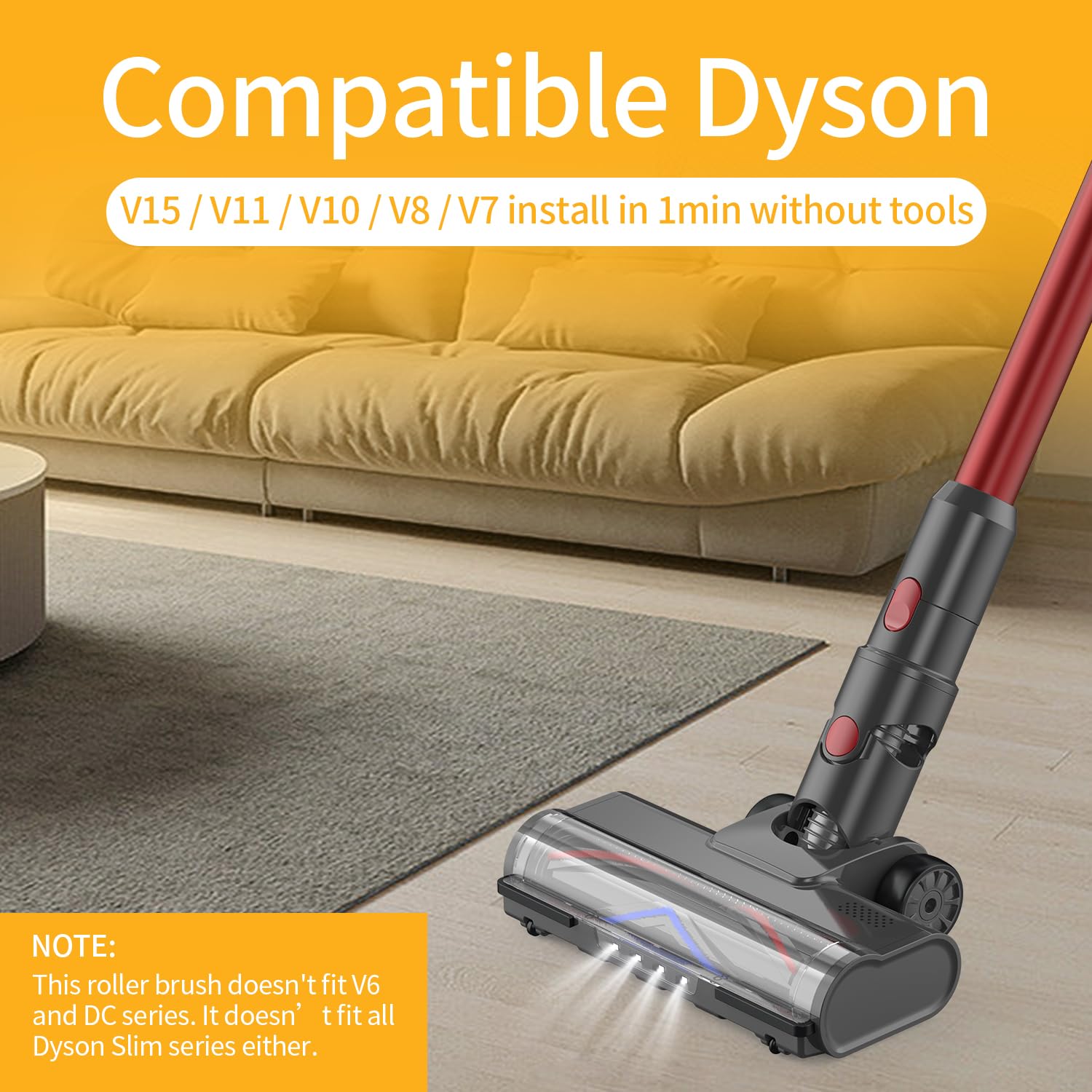 Dyson V7 V8 V10 V11 V15 Vacuum Cleaner Replacement Roller Brush Power Head with LED Light - Motorhead Hardwood Floor Attachment for Pet Hair & Dust - Perfect for Home Cleaning & Car Detailing (D019)