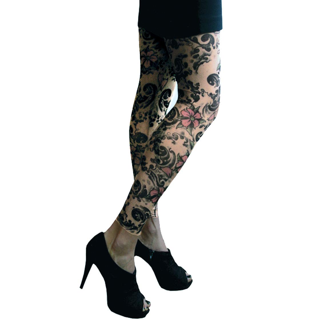 Wild Rose Women's Cherry Blossom Floral Tattoo Mesh Yoga Leggings - Tan - Comfortable Stretchy Workout Pants for Yoga, Running, Gym & Casual Wear