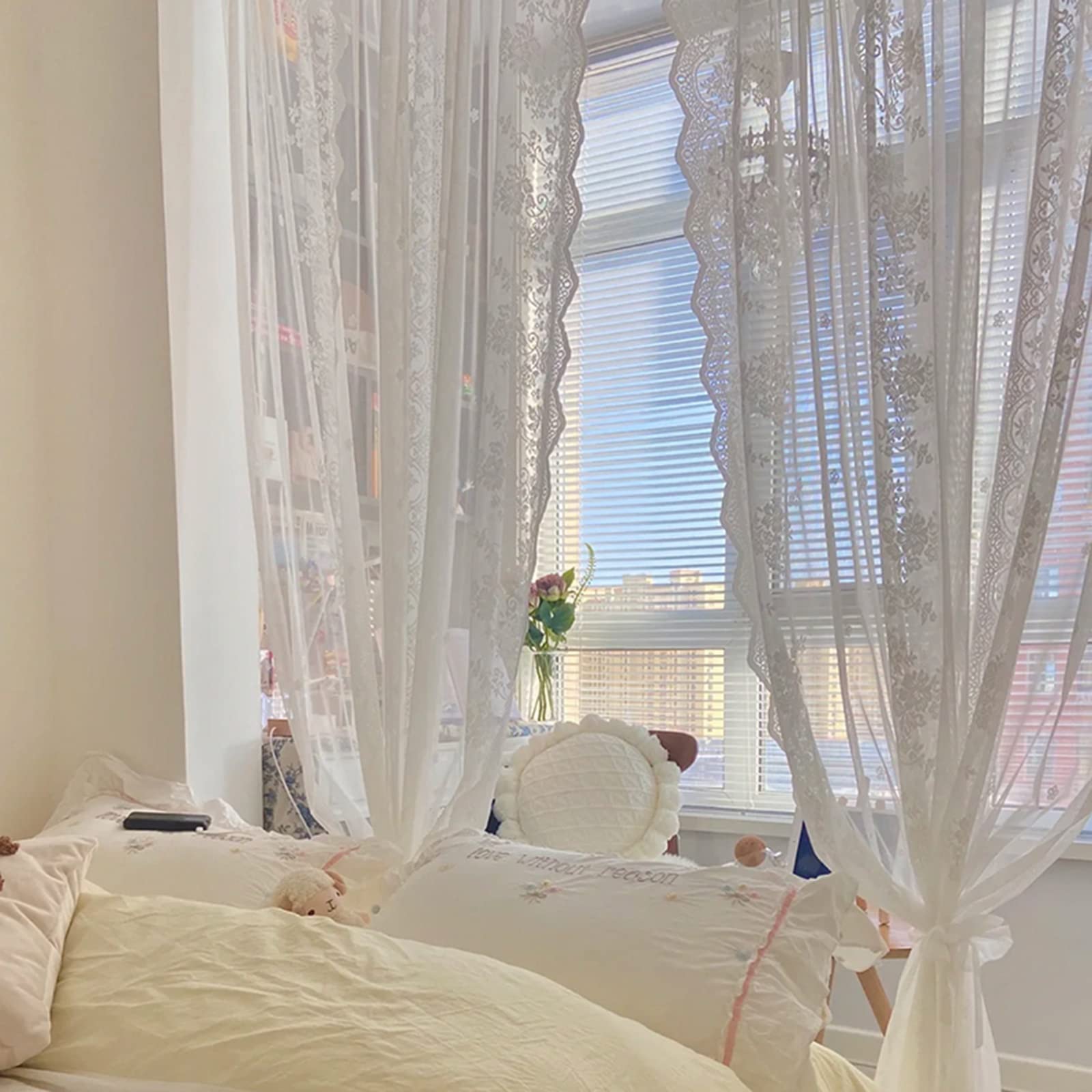 V3VOGUE French White Lace Curtains for Girls Bedroom - 2 Pcs Semi-Sheer Tulle Valance Drapes - Privacy Window Treatment for Nursery, Living Room & Door (140x200cm & 270x230cm) - Elegant Home Decor for Romantic & Vintage Style Interiors