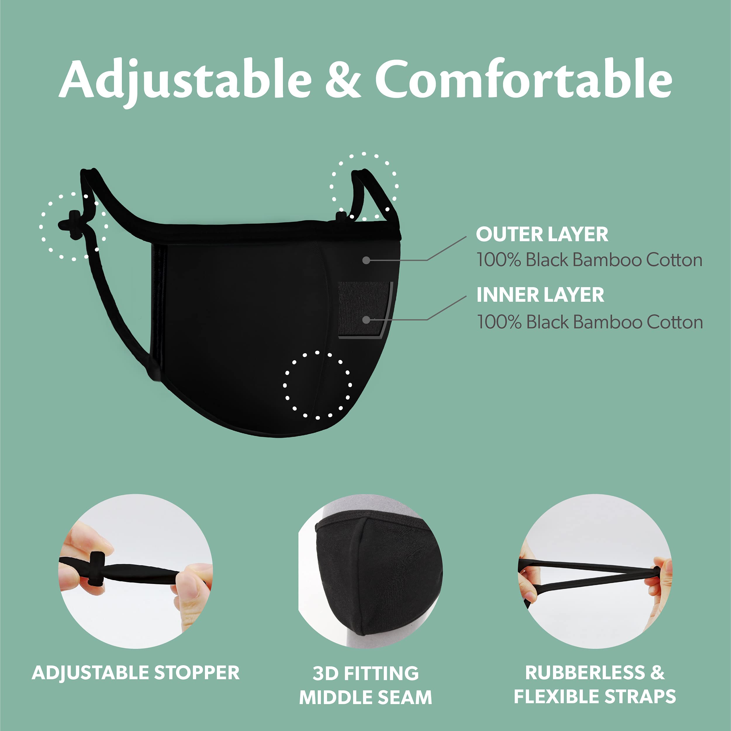 Organic Black Bamboo Face Mask 3-Pack - 100% Cotton Reusable & Washable with Nose Wire & Adjustable Lanyard - Breathable Fashion Mask for Daily Use, Travel & Outdoor Activities (Medium)