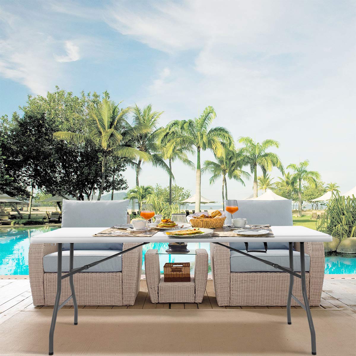 HAPPYGRILL 6FT Foldable Picnic Table - Portable Plastic Outdoor Dining Table for Camping, BBQ, Parties & Beach - Lightweight & Easy to Carry for Picnics, Tailgating & Backyard Gatherings