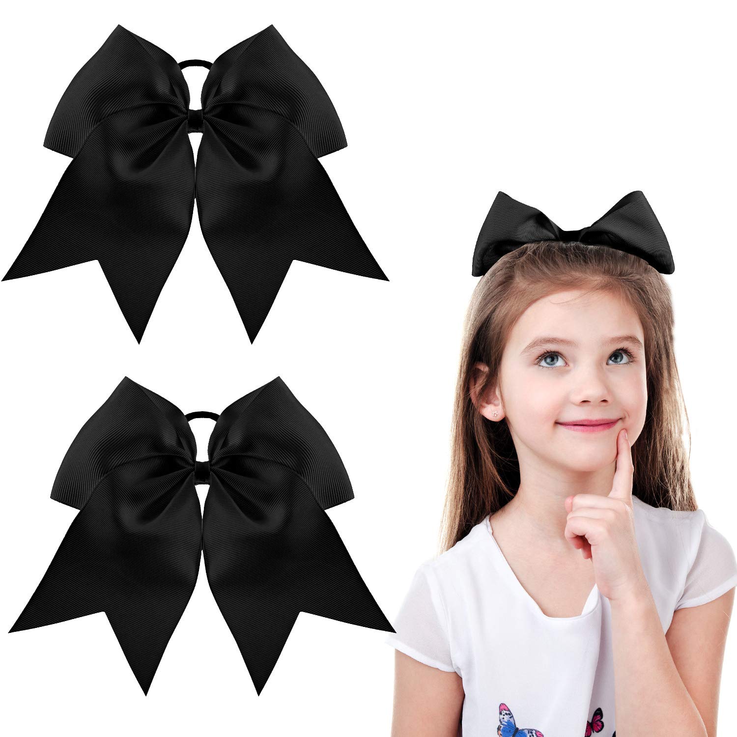 2 Packs Jumbo Cheerleading Bows 8 Inch - Large Cheer Hair Bows with Ponytail Holder for Teen Girls - Softball Outfit Uniform Accessories - Perfect for Cheerleading, Dance Competitions & School Sports Events (Black)