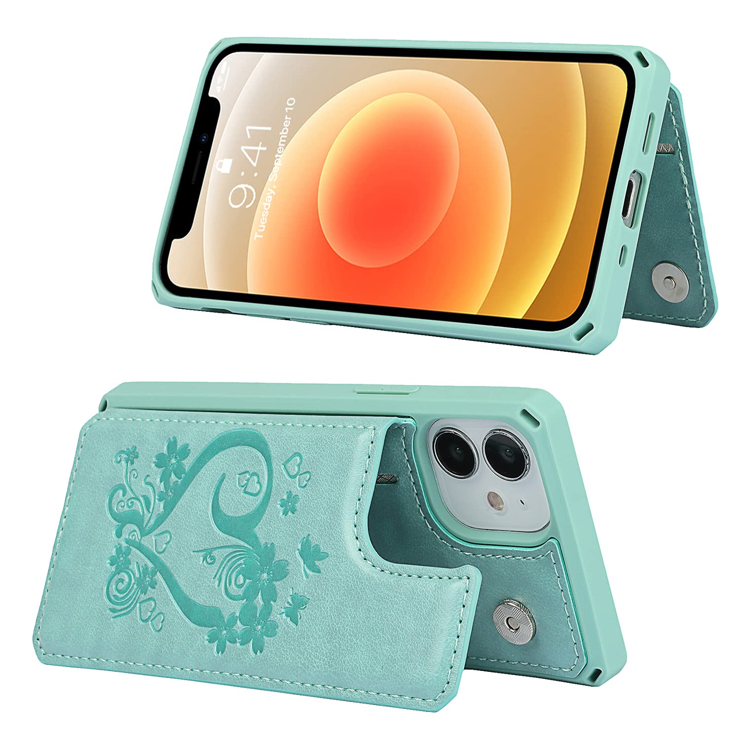 iCoverCase iPhone 12 Mini Wallet Phone Case with Card Holder - RFID Blocking PU Leather Wrist Strap Case for Women (5.4 Inch, Heart Mint) - Perfect for Everyday Use, Travel & Contactless Payments