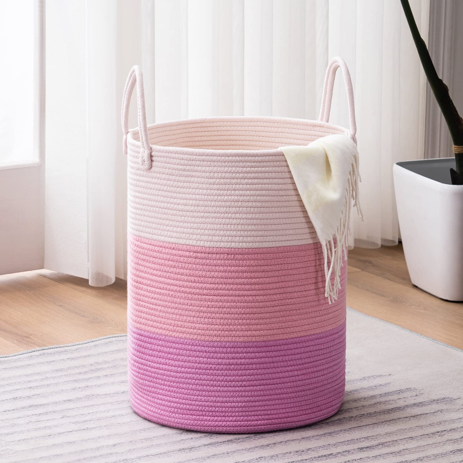 Large Pink Woven Rope Laundry Hamper Basket - 58L Tall Nursery Hamper for Baby Blankets, Clothes Storage & Bedroom Organization - Perfect for Nursery, Dorm Room & Laundry Room Organization