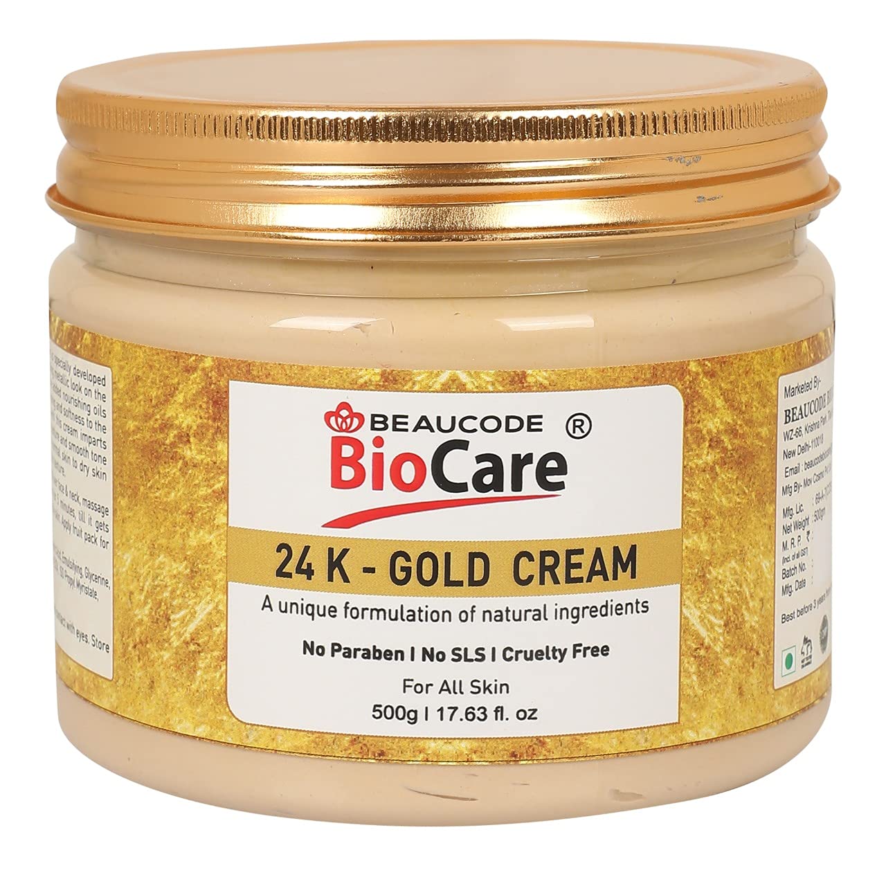 Beaucode BioCare 24K Gold Face Cream 500g - Anti-Aging Moisturizer for Women & Men, All Skin Types | Paraben-Free, SLS-Free, Sulfate-Free, Cruelty-Free | Day & Night Hydration for Glowing Skin