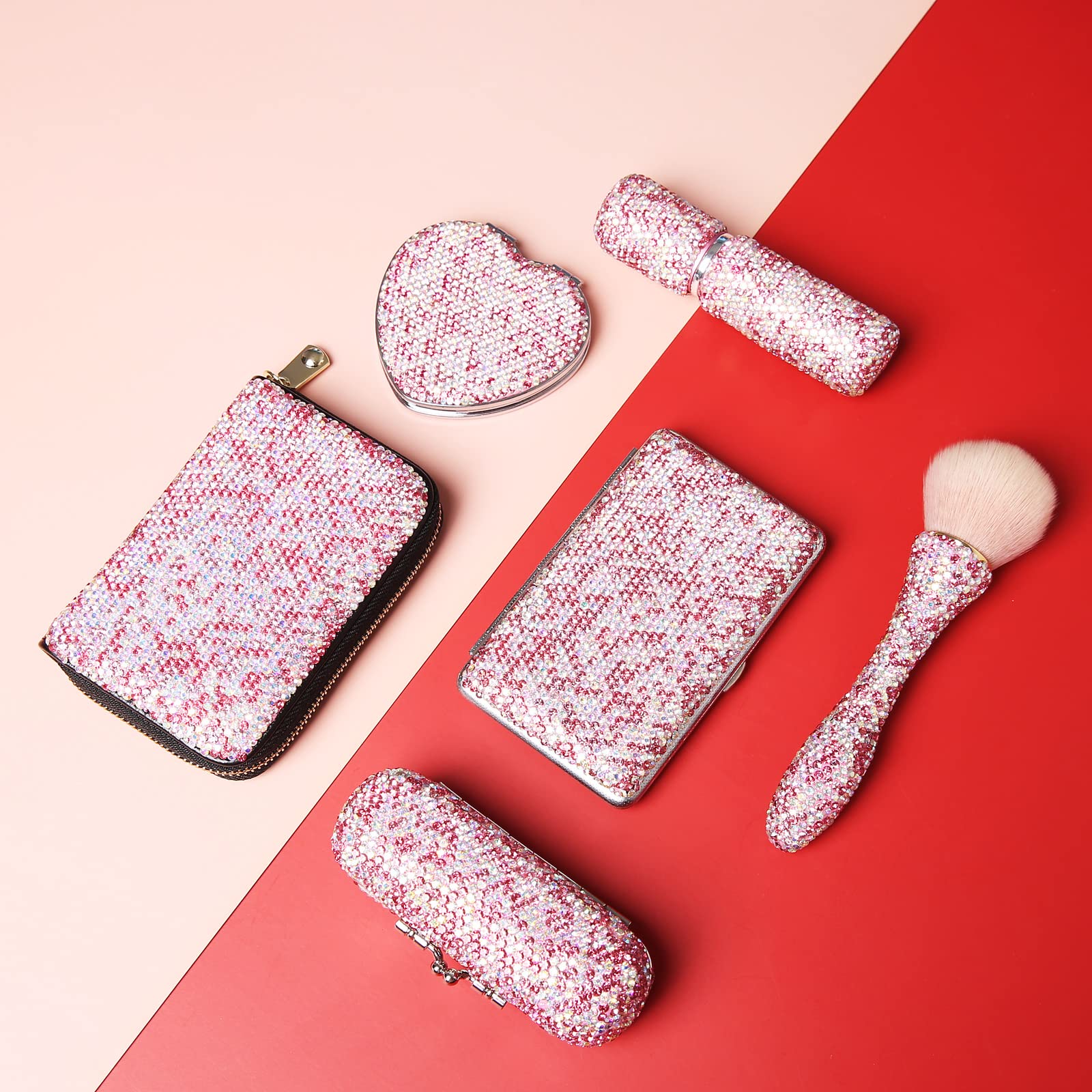 AsAlways Rhinestone Compact Pocket Mirror - Portable Travel Cosmetic Mirror, Folding Handheld Double-Sided 1x/2x Magnifying Purse Mirror for Makeup (Pink) | Perfect for Travel, Home & Office Use