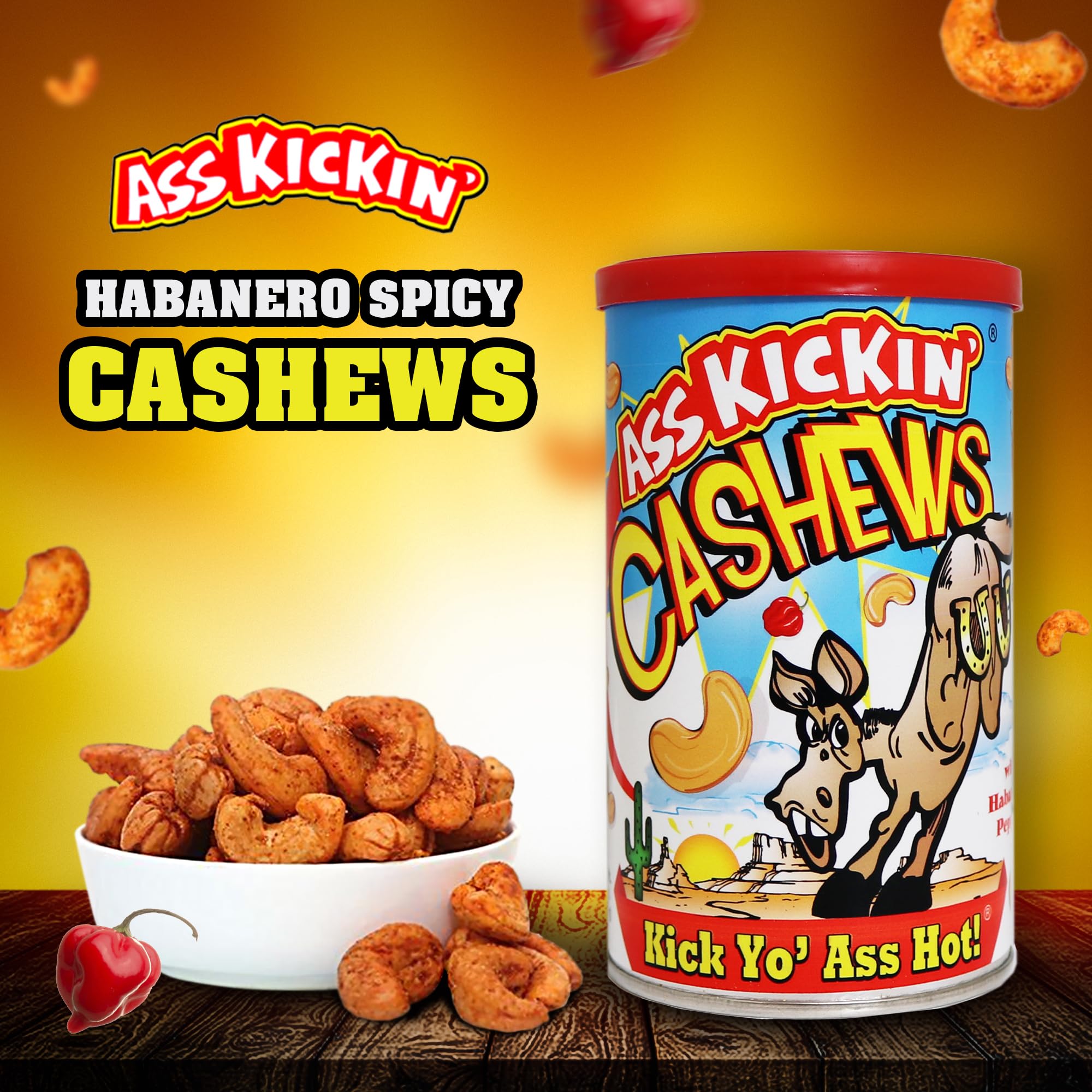 ASSKICKIN' Roasted Hot & Spicy Cashews - Habanero Flavored Nuts – 6oz Resealable Can - Premium Spicy Snack for Adults - Perfect for Parties, Gifts & Spicy Food Lovers