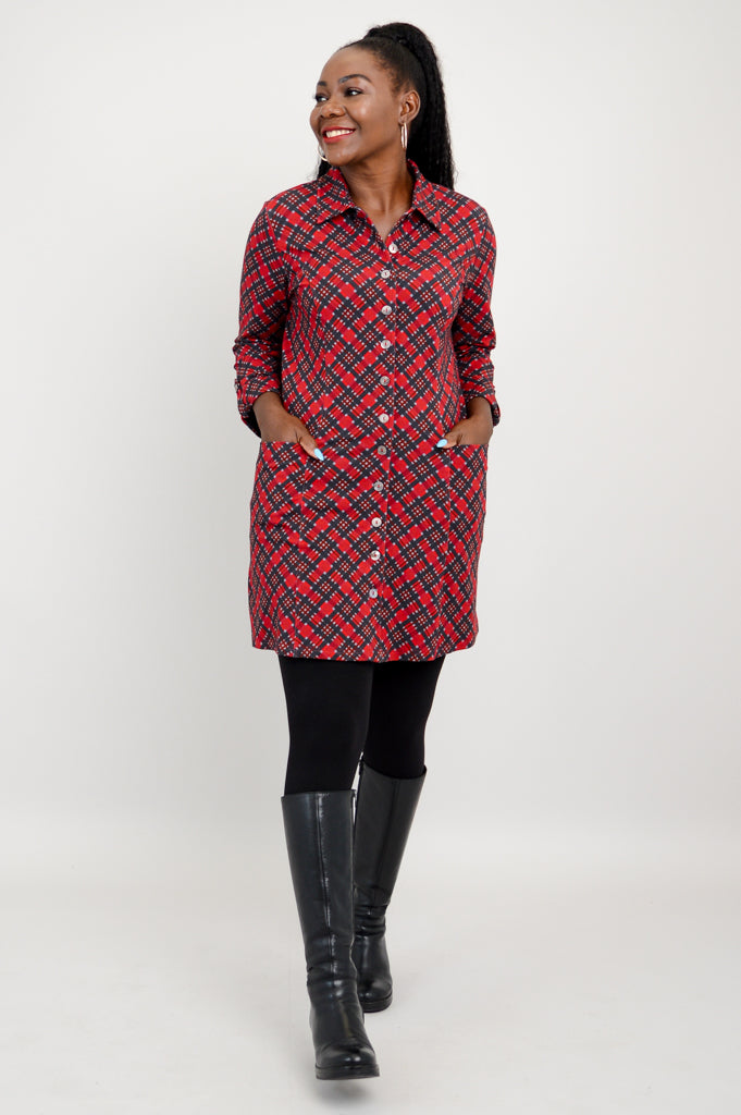 Charlie Tunic - Cherry Plaid Bamboo V-Neck Top | Women's Casual Blouse for Work & Weekend | Breathable & Comfortable Summer Outfit