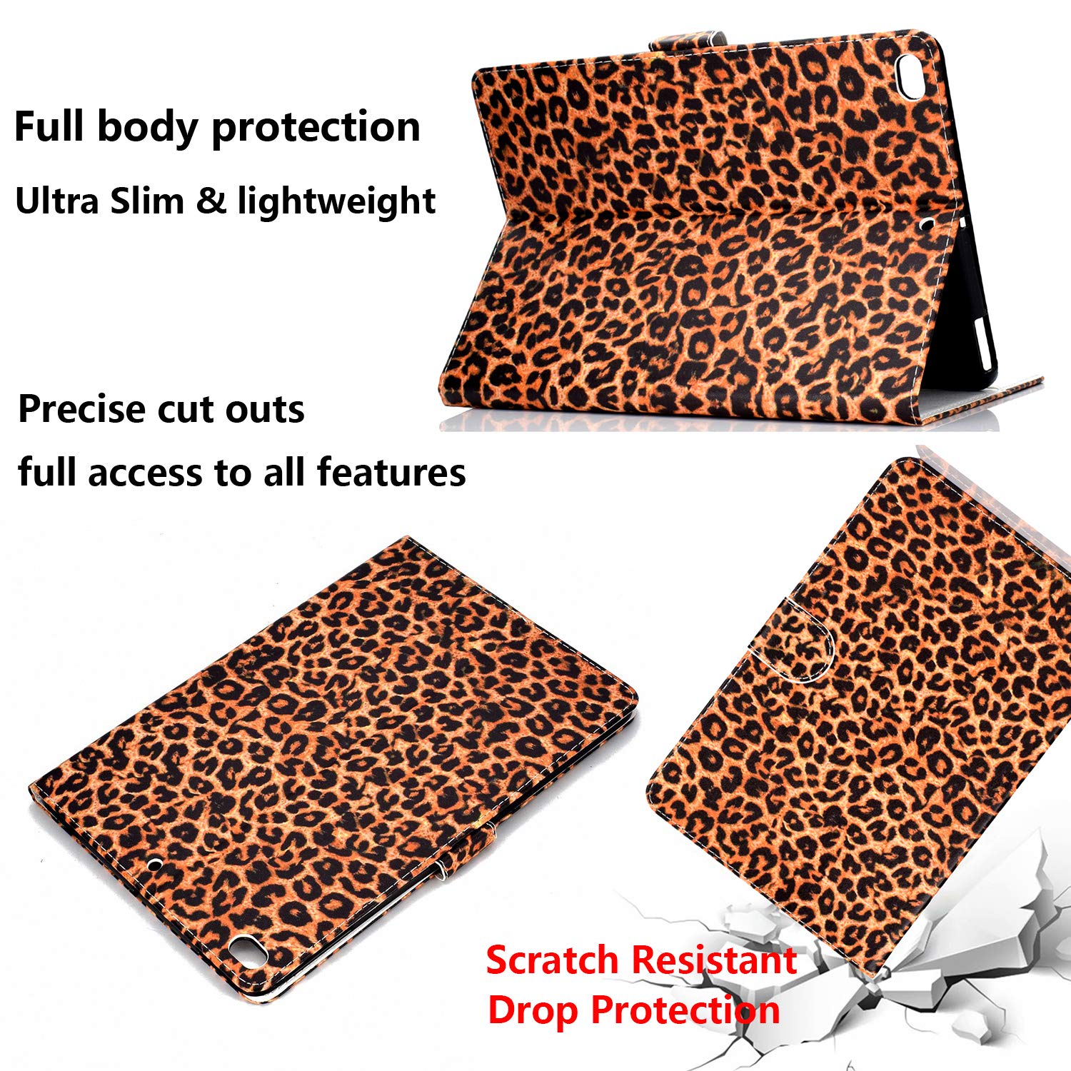 Premium PU Leather Smart Case for Apple iPad 9.7 inch (iPad 6th/5th Gen, Air 1/2, Pro 9.7) - Auto Sleep/Wake Folio Stand with Wallet Function - Stylish Yellow Leopard Print - Perfect for Work, Travel & School Use