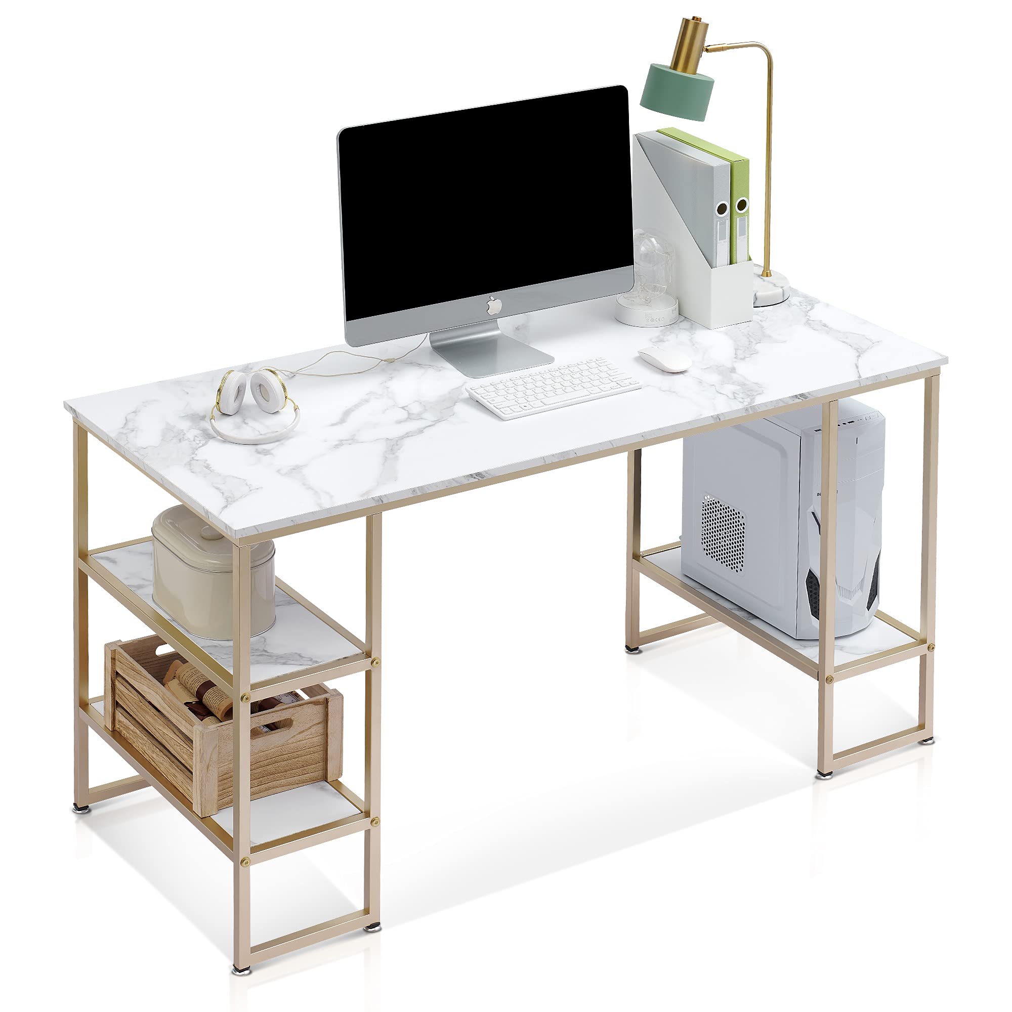 Ivinta White Modern Computer Desk with Shelves & CPU Stand - Office Desk, Gaming Desk, Study Writing Laptop Table with Storage - Perfect for Home Office, Gaming Setup & Small Spaces
