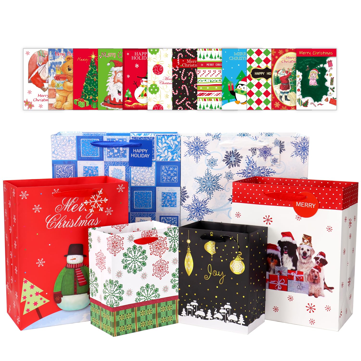 Christmas Gift Bags Set with Greeting Cards - 12 Pack (4 XL, 4 Medium, 4 Small Bags + 12 Cards & Envelopes) - Holiday Party Favors, Xmas Present Wrapping, Office Gift Exchange, Secret Santa Supplies