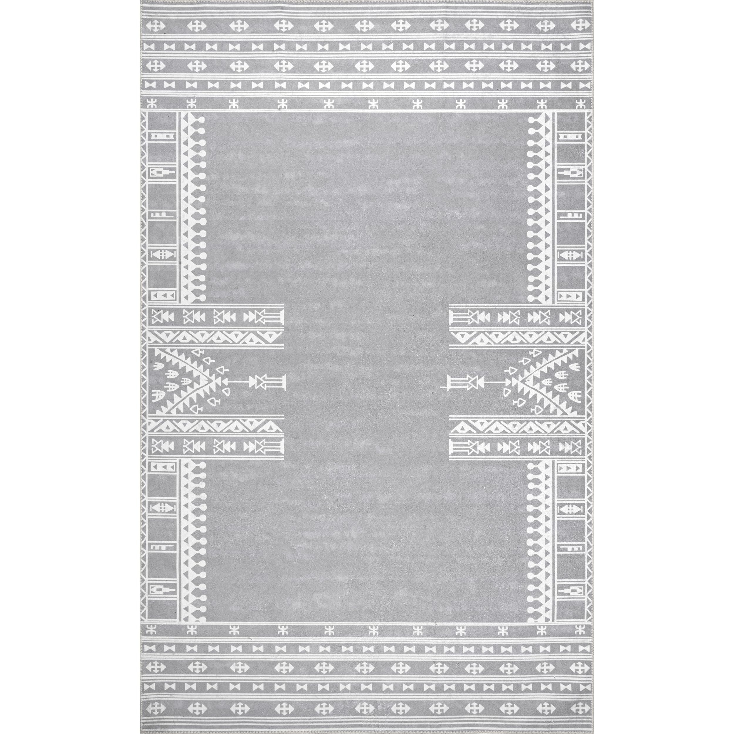 nuLOOM Joelle Machine Washable Tribal Geometric Border Ultra Thin Area Rug, 8' x 10', Light Grey - Perfect for Living Room, Bedroom, or Office Decor