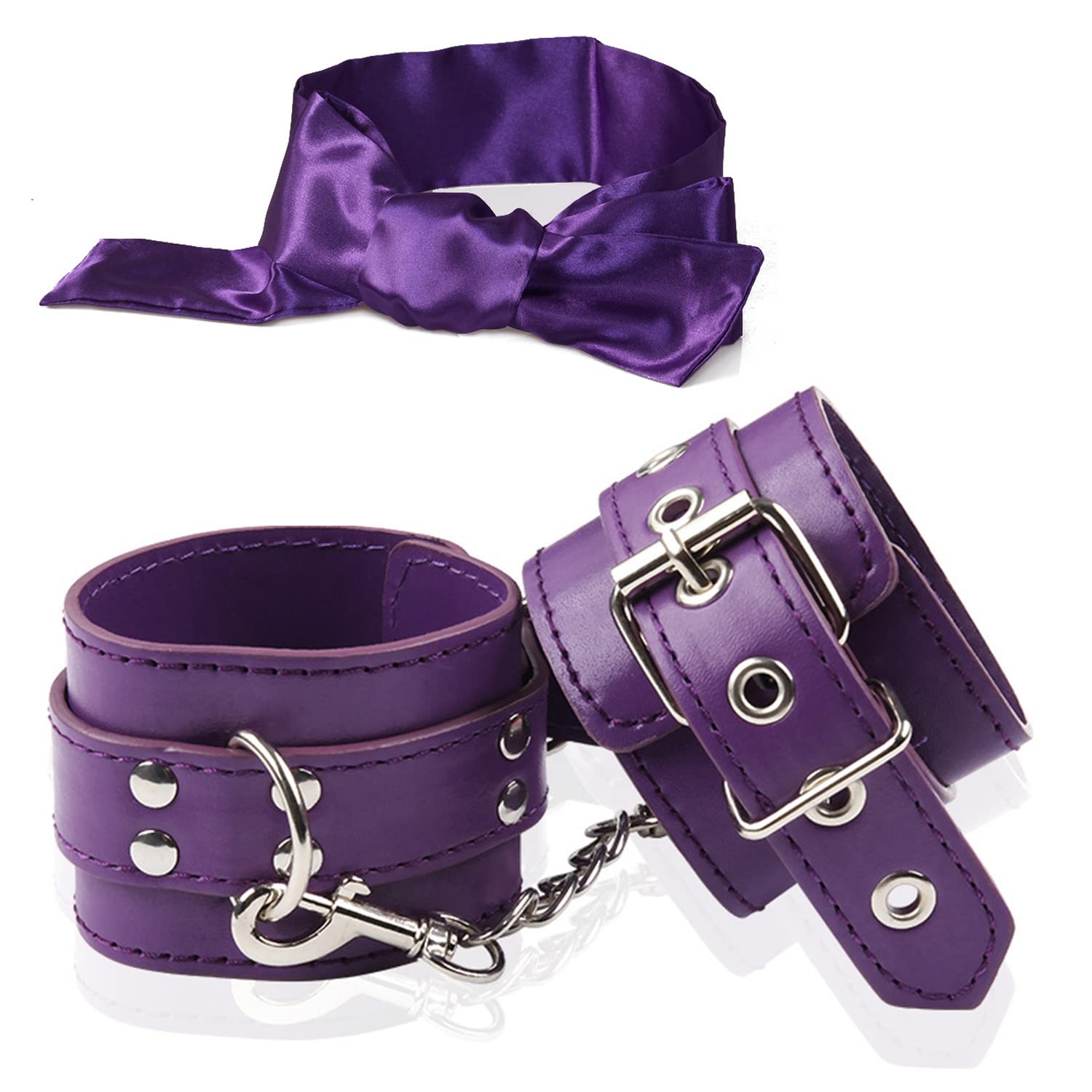 Adjustable Leather Wrist Handcuffs Bracelet & Satin Sleep Eye Mask Set - Role Play, Exercise Bands, Cosplay Accessories for Halloween, BDSM, and Bedroom Bondage Scenes