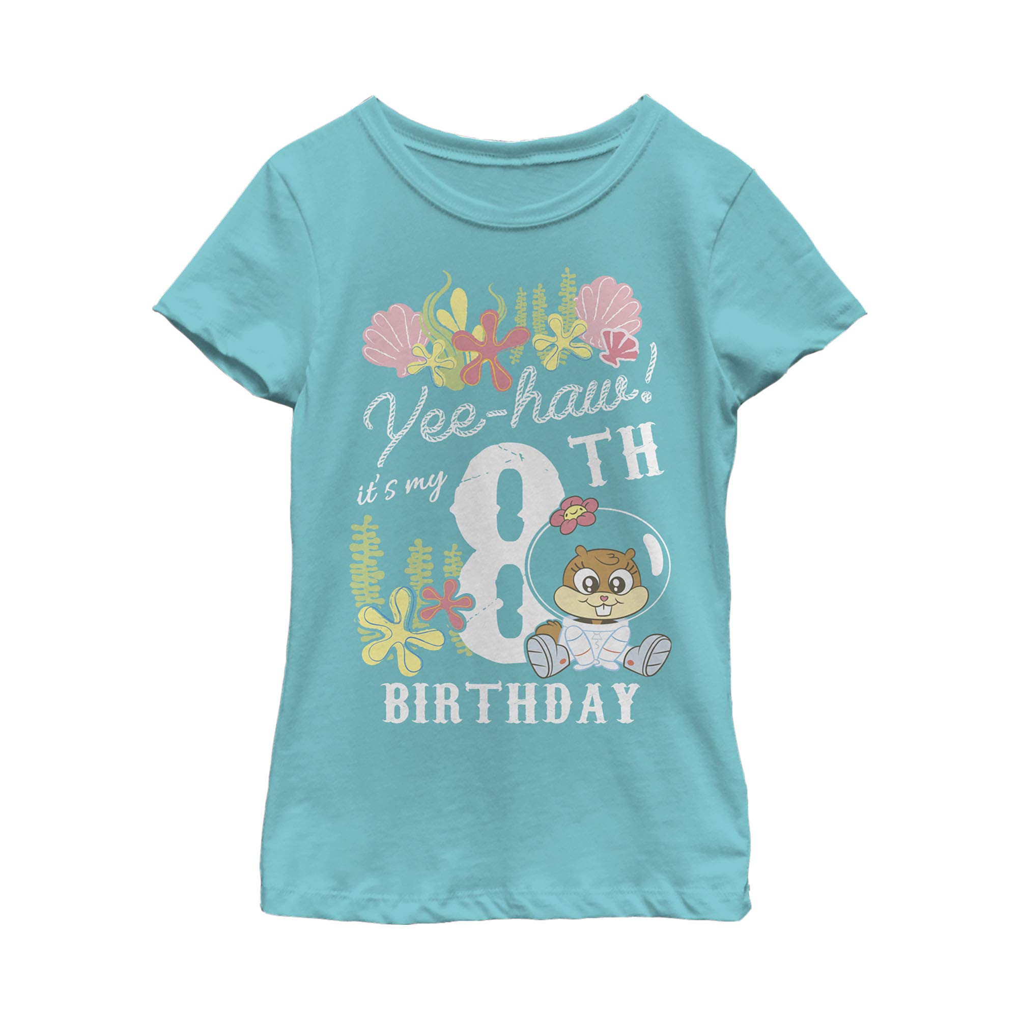 SpongeBob SquarePants Sandy Birthday T-Shirt for Girls - 8 Years Old Short Sleeve Cotton Tee - Fun Cartoon Graphic Top for Birthday Parties & Casual Wear