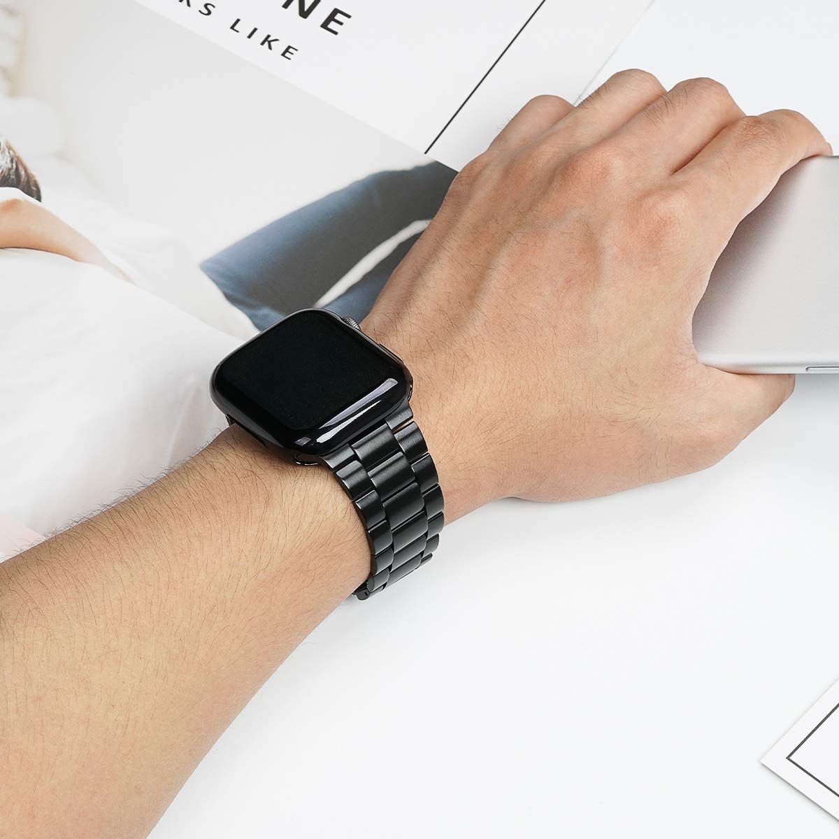 Premium Stainless Steel Apple Watch Band 44mm Compatible with Series 6/5/4/SE - Durable Metal iWatch Strap with Screen Protector Case for Men & Women (Black) - Perfect for Workouts, Office & Everyday Wear