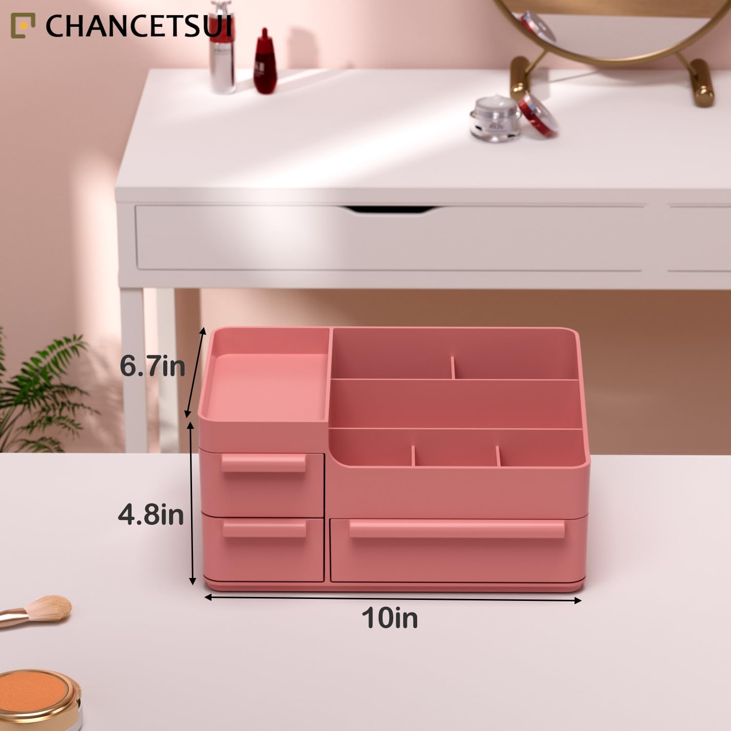 Pink Vanity Makeup Organizer with Drawers - Compact Rectangular Beauty Storage for Brushes, Eyeshadow Palettes & Cosmetics | Perfect for Bedroom Vanity & Bathroom Countertop Organization