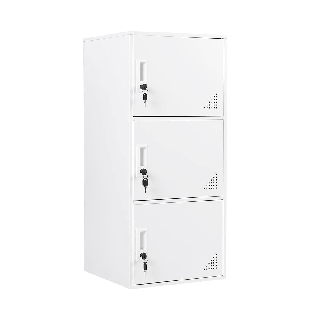 3-Door Metal Locker - Heavy Duty Steel Storage Cabinet with Lock | Secure Vertical Organizer for Office, School, Home & Gym | White Employee Storage Locker for Clothes, Books & Personal Items