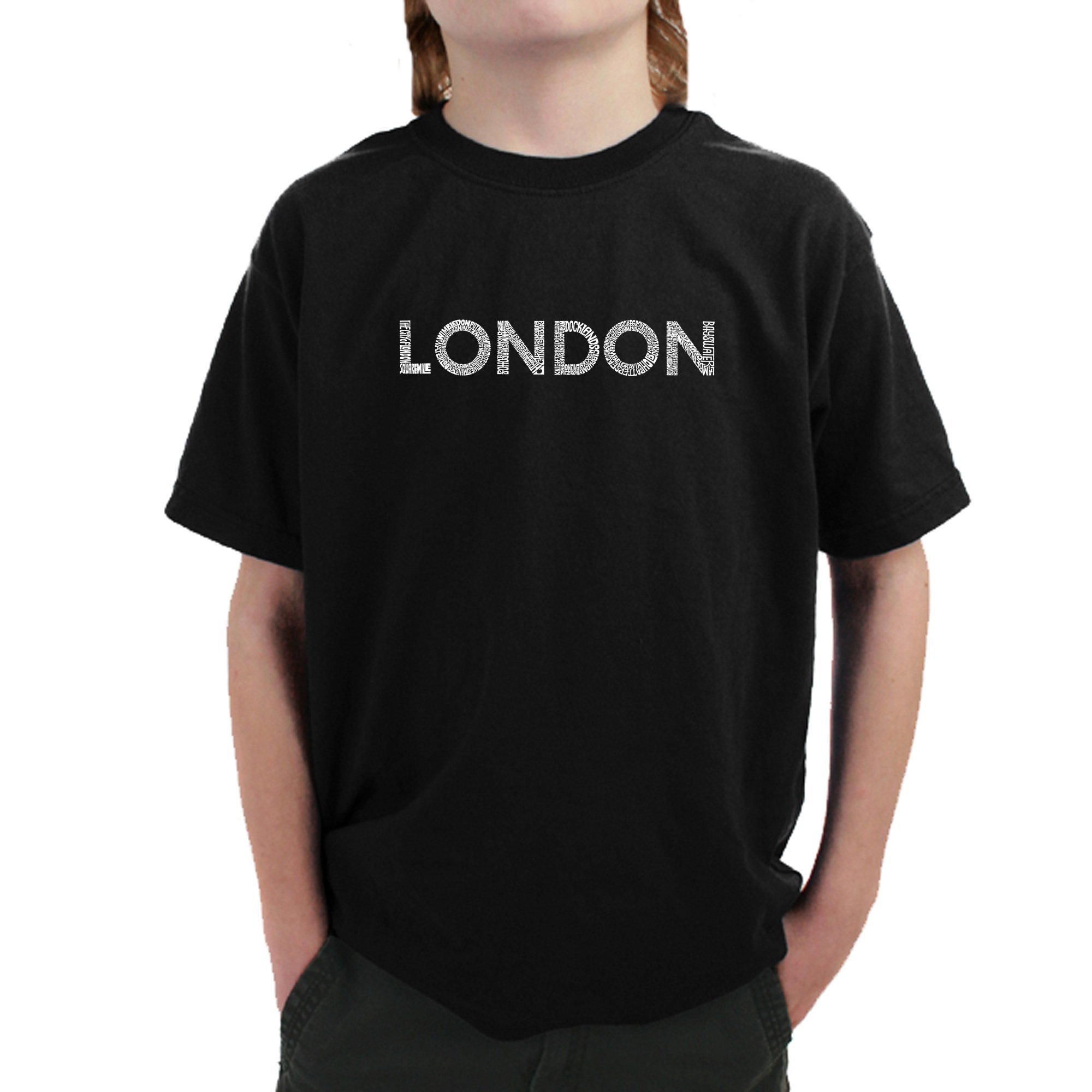 LA POP ART Boys Word Art T-Shirt - Trendy London Neighborhoods Graphic Tee for Kids | Cool Urban Style Shirt for School, Travel & Street Fashion
