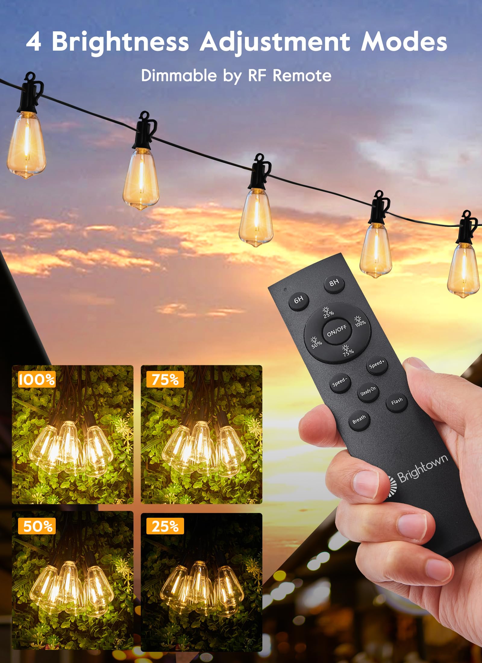 Brightown 38FT Solar String Lights Outdoor with Remote - 16 LED Shatterproof Bulbs, 3 Light Modes, Waterproof Hanging Solar Lights for Backyard, Garden, Patio, Party & Wedding Decorations | Perfect for Outdoor Gatherings, Evening Ambiance, and Holiday Celebrations