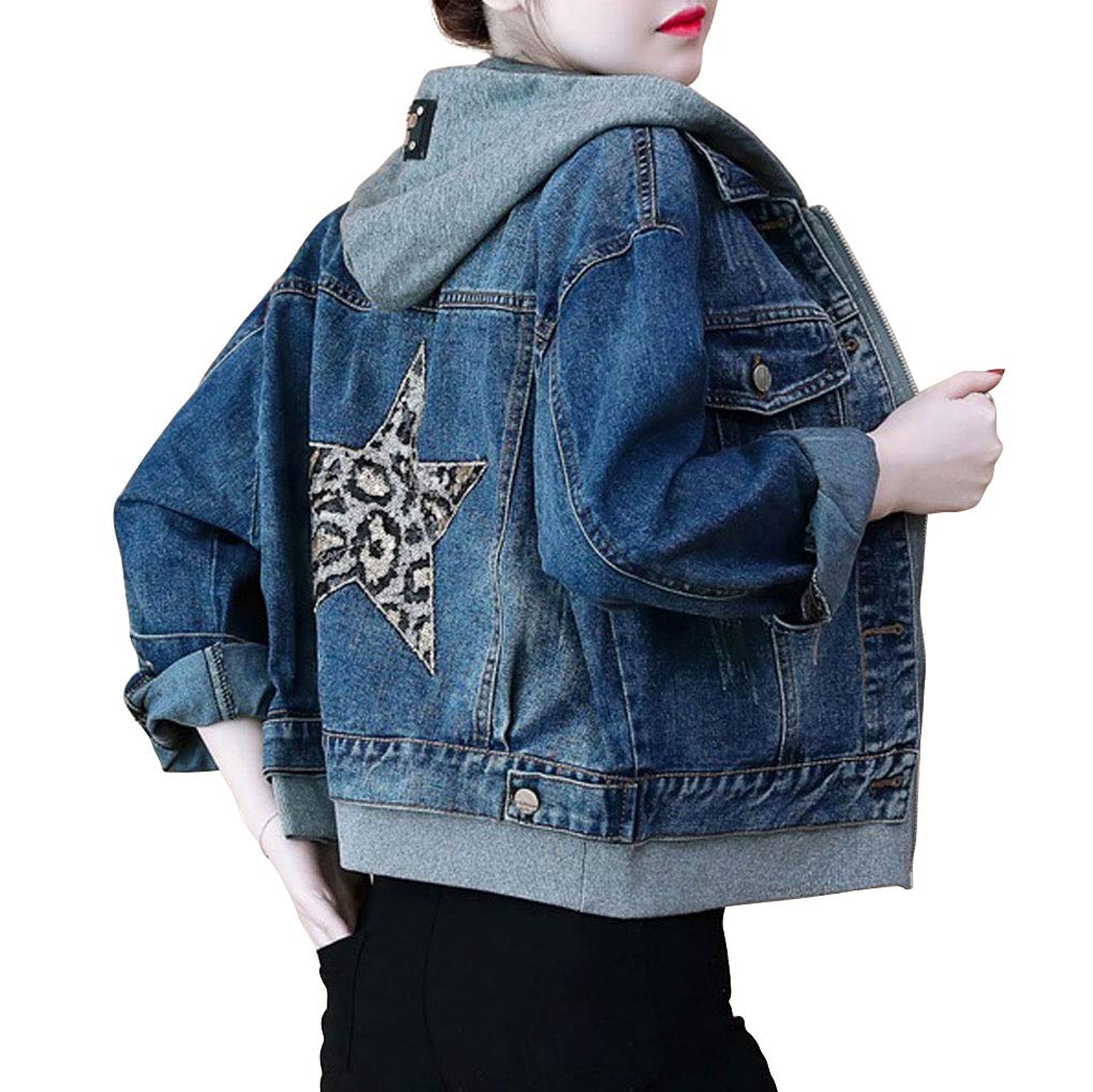 Ebossy Women's Distressed Sequin Star Hooded Denim Jacket - Stylish Cropped Jean Jacket for Casual Outings, Parties & Night Out Fashion