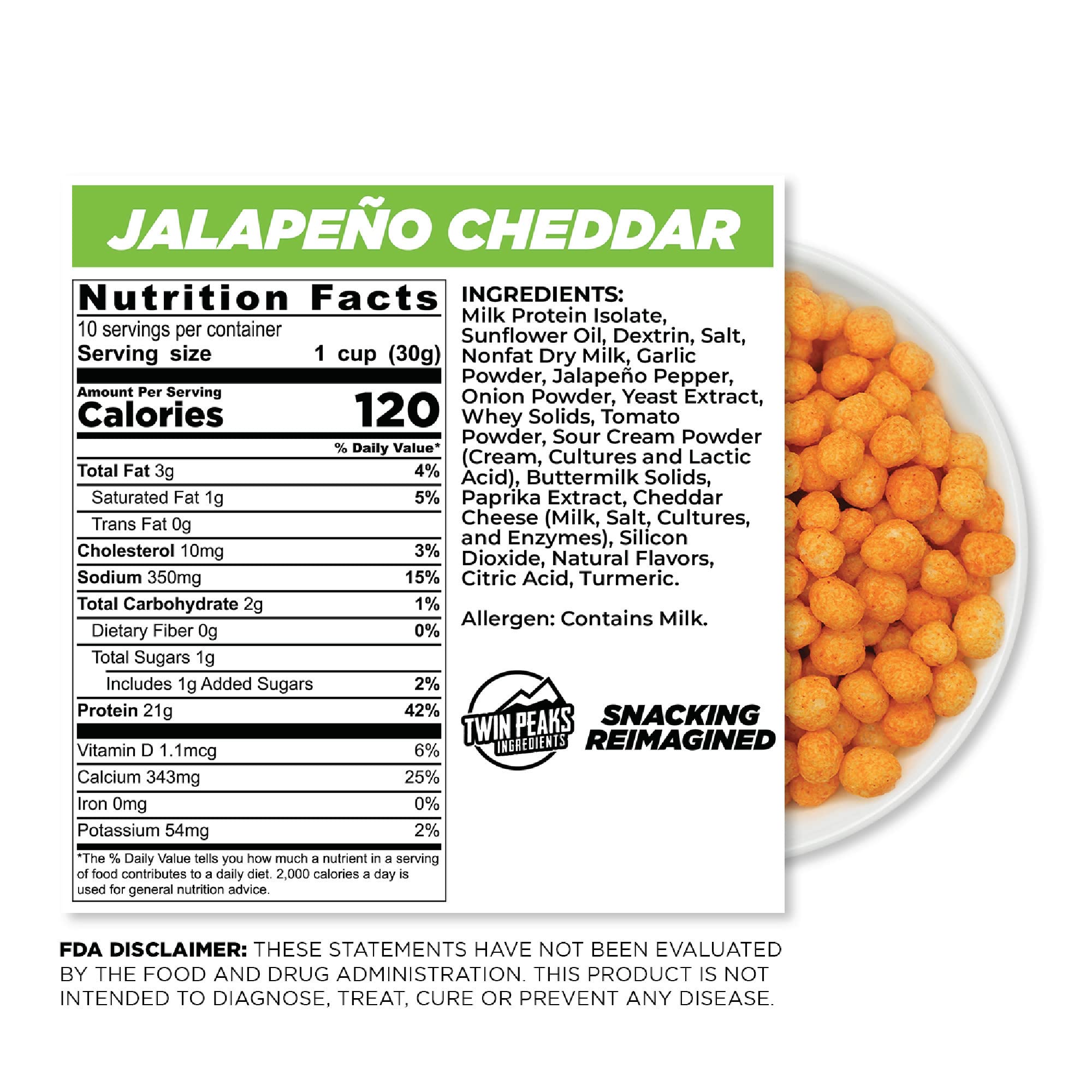 Twin Peaks Protein Puffs - Keto Friendly Low Carb Snack, Jalapeno Cheddar Flavor (10.6oz, 21g Protein, 2g Net Carbs) | High Protein Crunchy Healthy Snacks for Weight Loss, Gym & On-the-Go Lifestyle