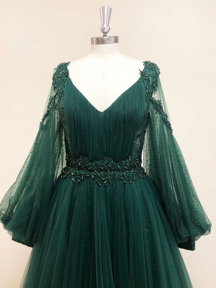 Elegant A-Line V-Neck Tulle Lace Green Long Prom Dress for Women | Formal Evening Gown for Homecoming, Wedding Guest, and Special Occasions