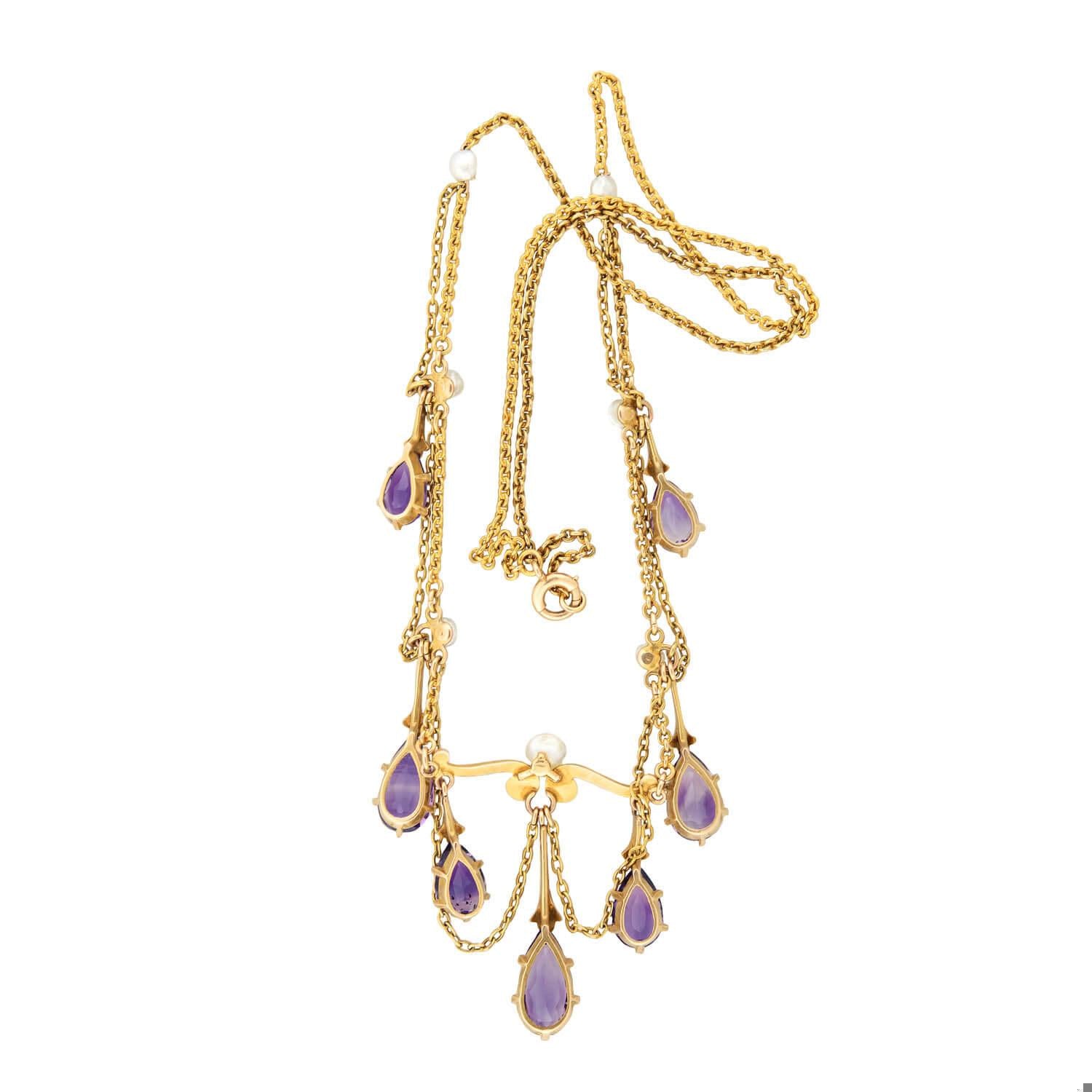 Victorian Style 14K Gold Amethyst and Pearl Festoon Necklace – Elegant Antique Jewelry for Weddings, Parties & Special Occasions