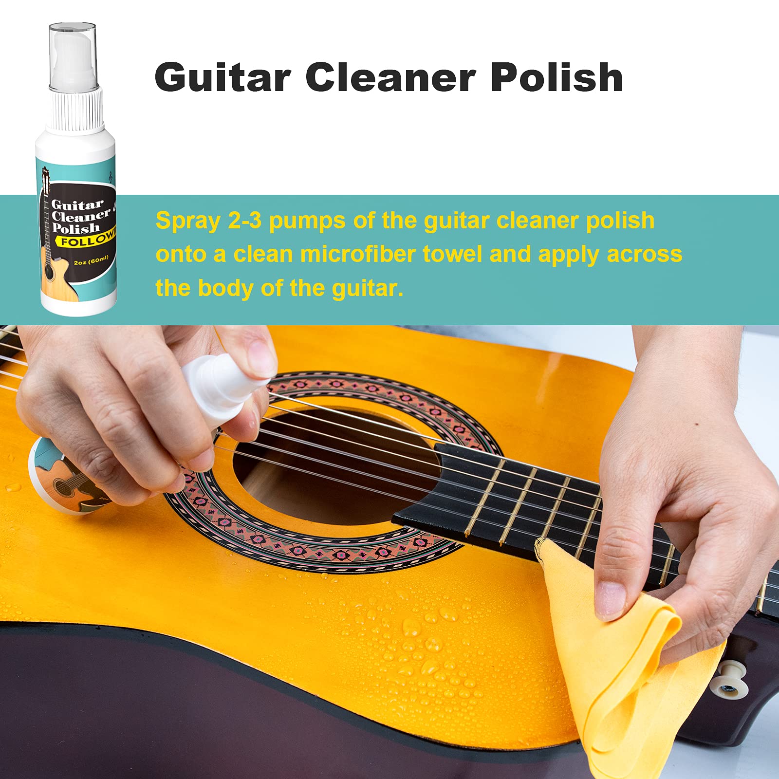 FOLLOWIN 7-Piece Guitar Cleaning & Maintenance Kit - Polish, Lemon Oil, String Cleaner, Lubricant, Wax, Winder & Microfiber Cloth - Perfect for Acoustic & Electric Guitar Care & Protection