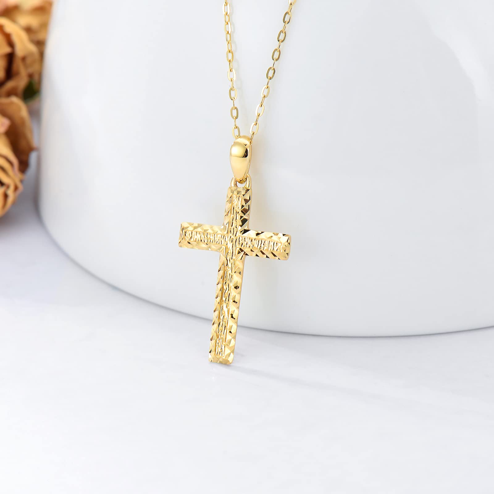 14K Real Gold Cross Necklace for Women - Yellow Gold Italian Diamond-Cut Cross Pendant Necklace | Religious Jewelry for Baptism, First Communion & Confirmation | Elegant Christmas & Birthday Gift for Wife, Mom, Daughter | 16-18 Inch Chain | Perfect for Church, Weddings & Special Occasions