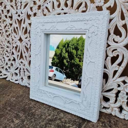 Hand Carved Indian Solid Wood Wall Mirror with Floral Pattern - White Wash Finish - 22x26 Inches - Boho Home Decor for Living Room, Bedroom & Entryway