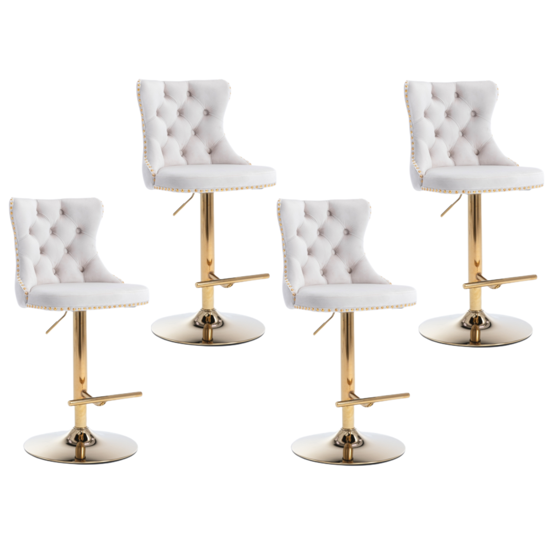 Adjustable Height Swivel Bar Stool with Footrest - Velvet Upholstery, Gold Metal Base & Studded Design - Perfect for Kitchen Islands, Home Bars & Dining Areas (Beige)