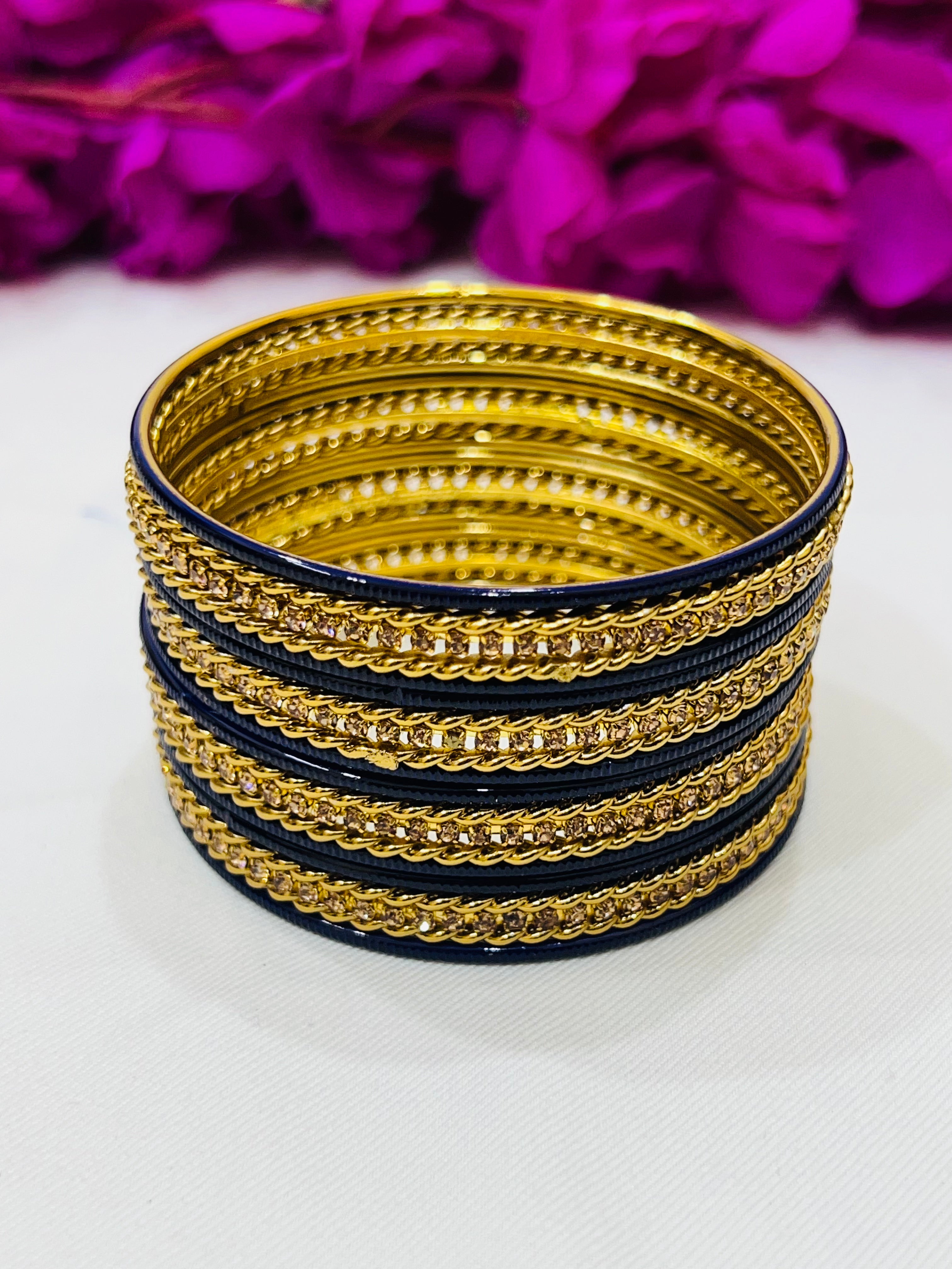 Exquisite Navy Blue Metal Bangles with Golden Stone for Women - Elegant Jewelry for Parties, Weddings & Everyday Wear