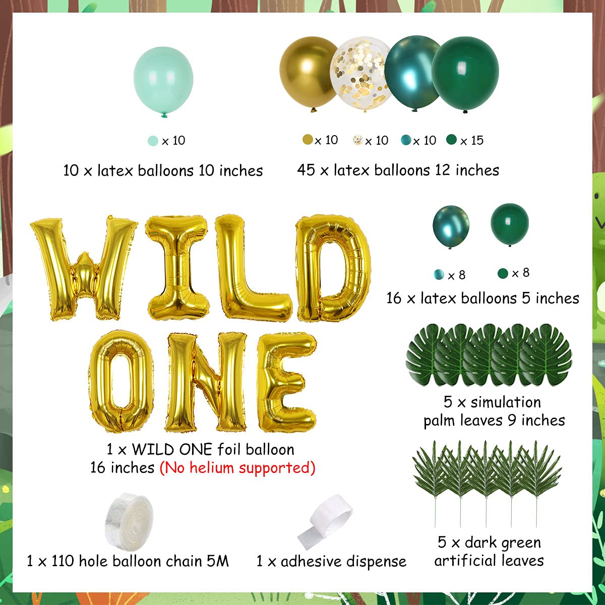 Wild One Birthday Decorations for Boys & Girls - Jungle Safari Theme 1st Birthday Party Supplies - Green Balloon Garland Arch Kit | Perfect for Baby's First Birthday, Jungle-Themed Parties & Photo Backdrops