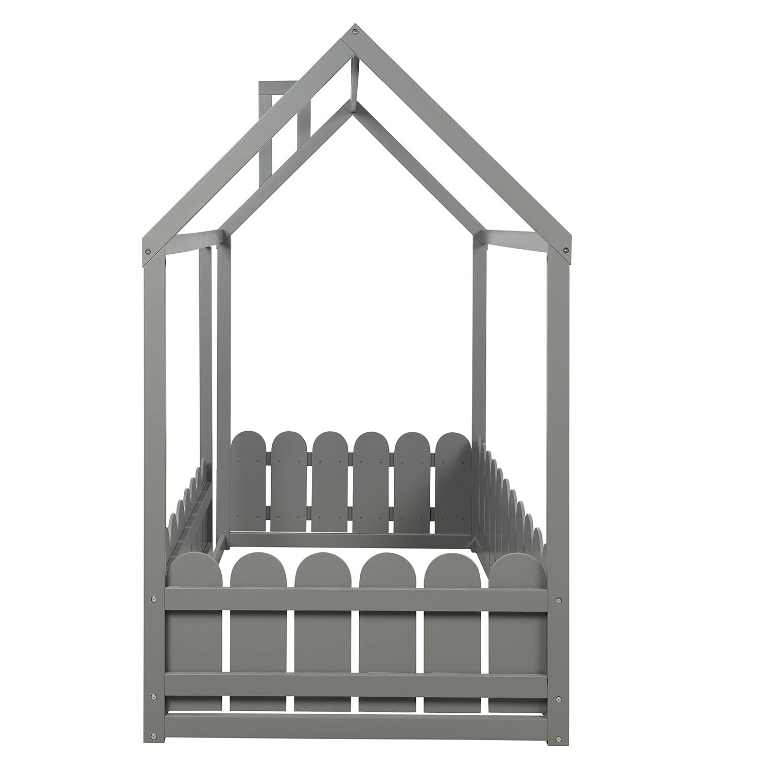 **House-Shaped Wooden Kids Bed Frame with Safety Fence for Toddlers, Children & Teens - Twin Size, Gray - No Weight Limit, Box Spring Required - Perfect for Nursery, Bedroom & Playroom**