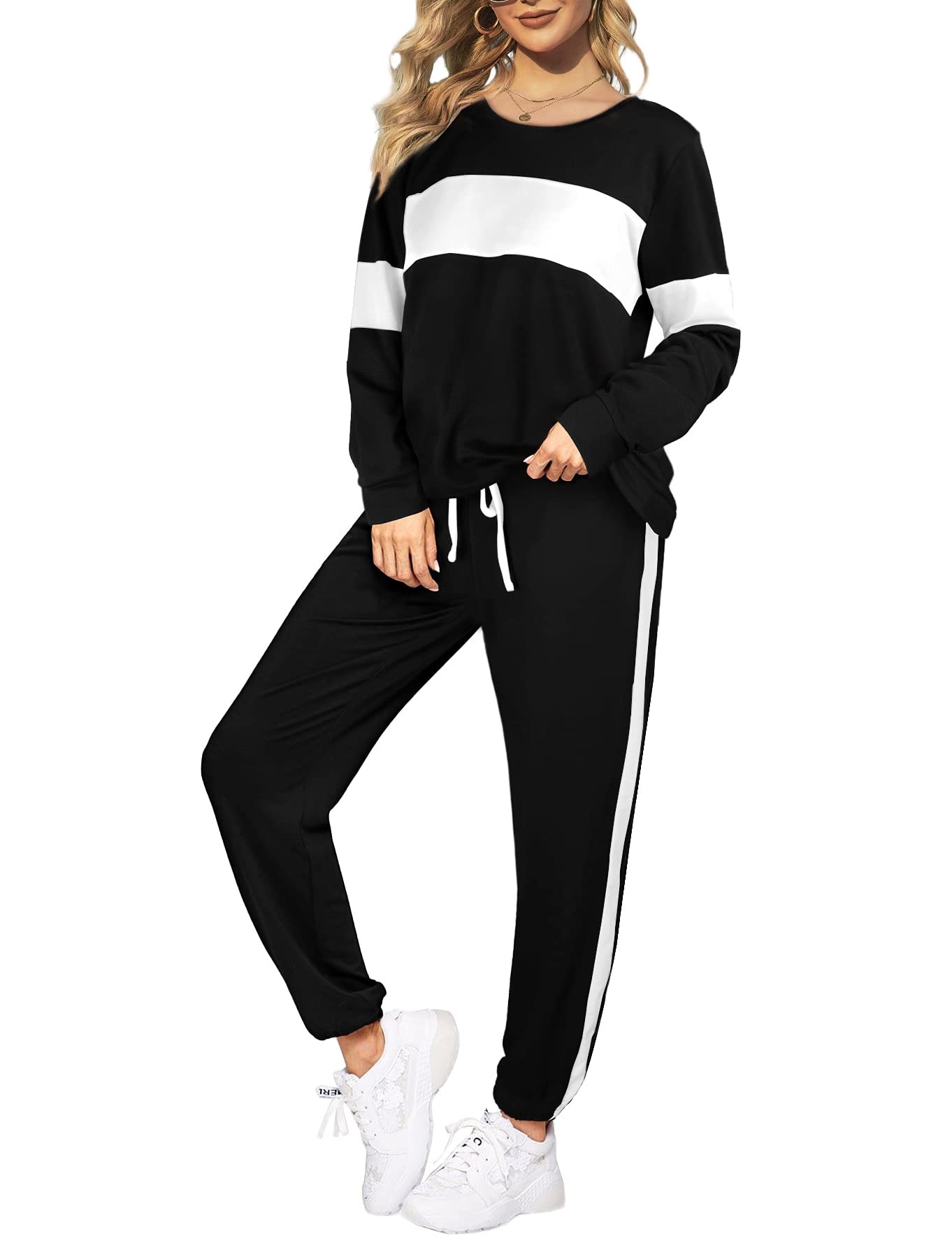 Sipaya Women's 2-Piece Colorblock Striped Sweatsuit Set with Pockets - Crewneck Sweatshirt & Lounge Pants | Casual Outfit for Home, Gym & Streetwear Fashion