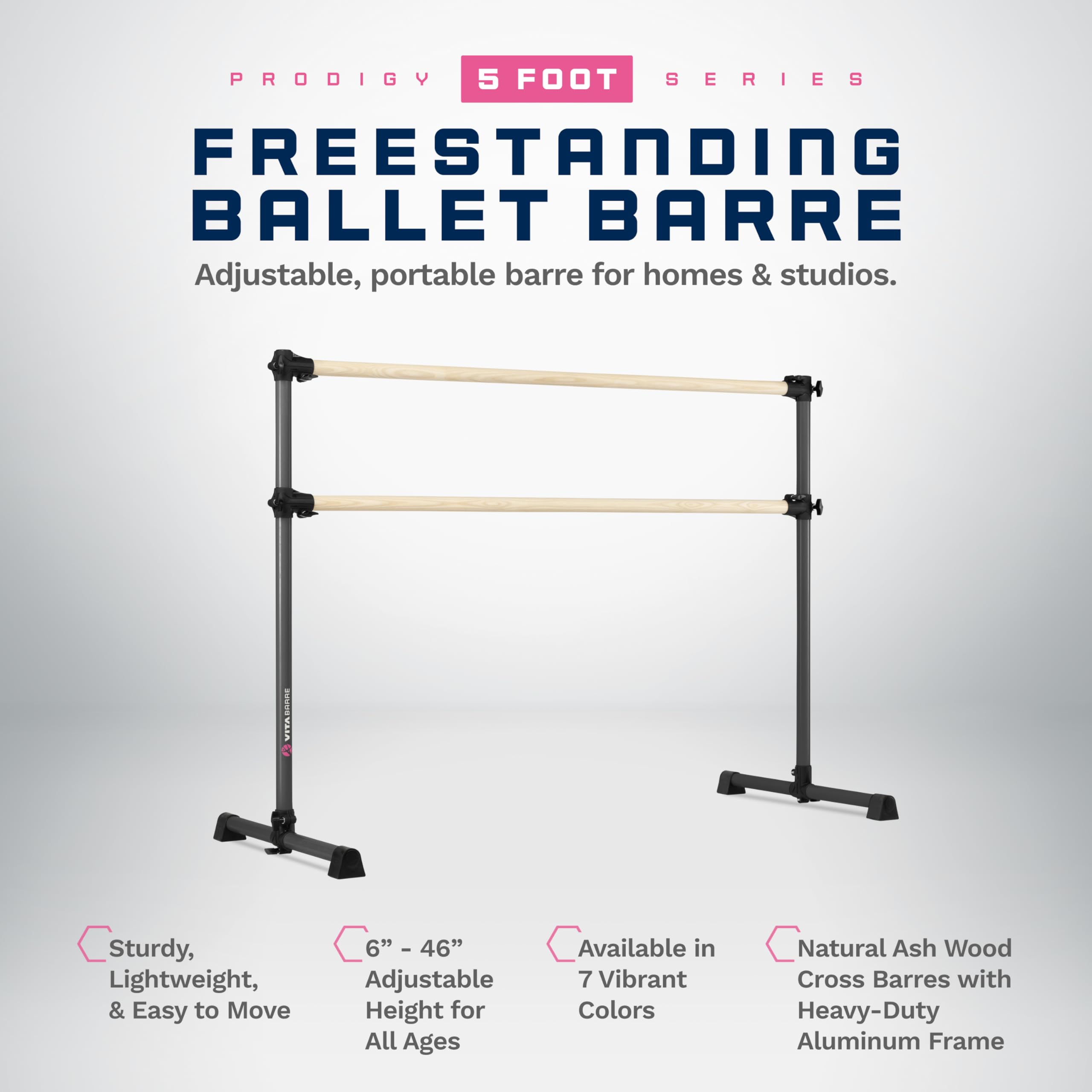 VITA Barre Portable Freestanding Double Ballet Barre - Adjustable Height Wooden Dance Bar for Home & Gym - USA Made Exercise Equipment for Kids & Adults - Perfect for Ballet, Fitness, Pilates & Yoga Practice