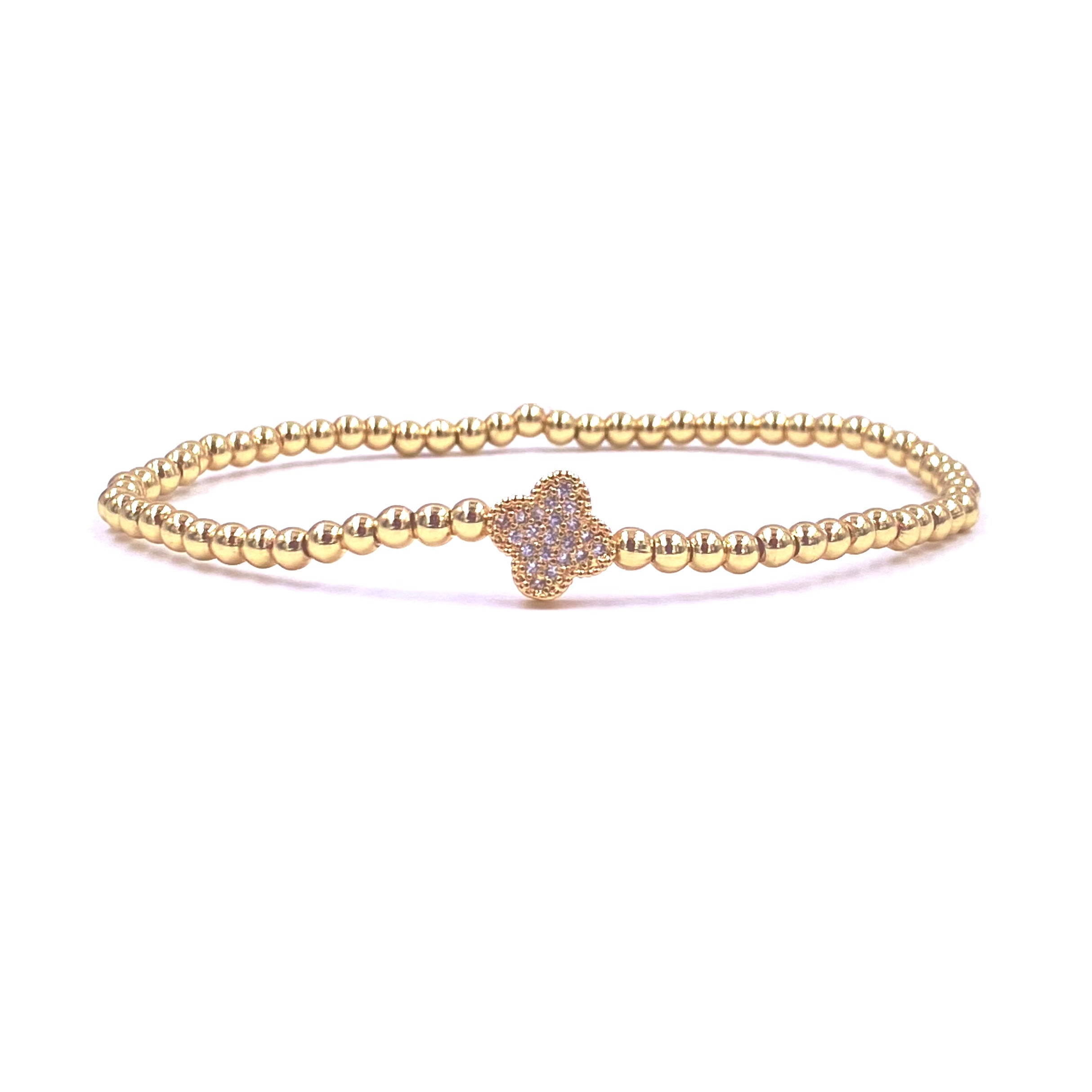 Ashley Gold Stainless Steel Gold Plated Bracelet with CZ Encrusted Flower Design - Stretch Beaded Jewelry for Women - Perfect for Parties, Weddings & Everyday Wear