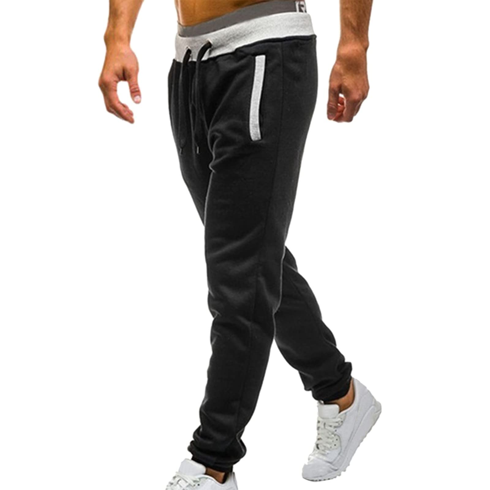 QWENTMTNTY Men's Black Athletic Jogger Pants with Elastic Waist & Side Pockets - Comfortable Casual Workout Running Pants for Gym, Travel & Everyday Wear