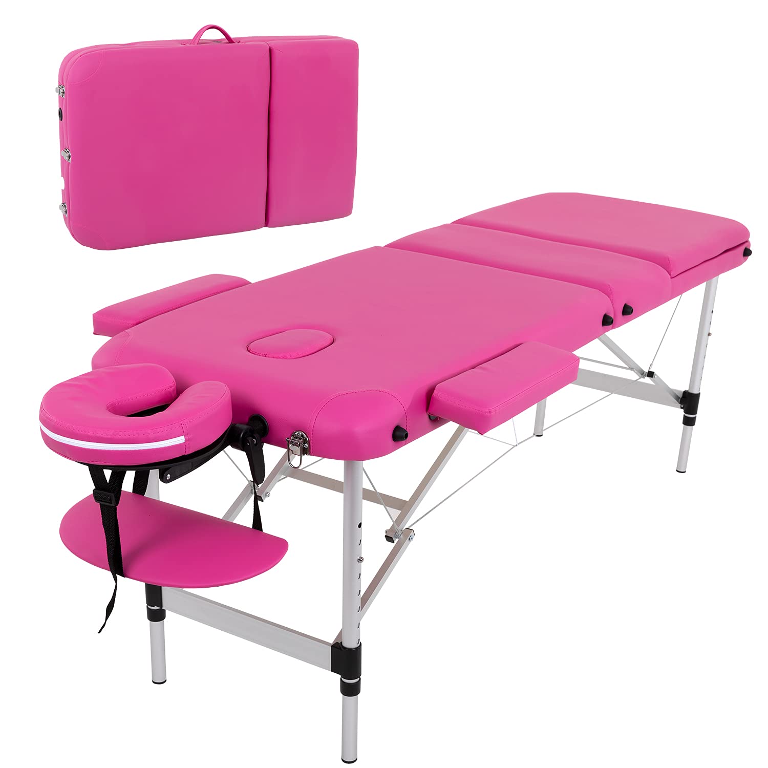 FDW Portable 24 Inch Wide Adjustable Height 3-Folding Aluminum Massage Table with Carry Case & Face Cradle - Perfect for Spa, Salon, Tattoo, and Home Use