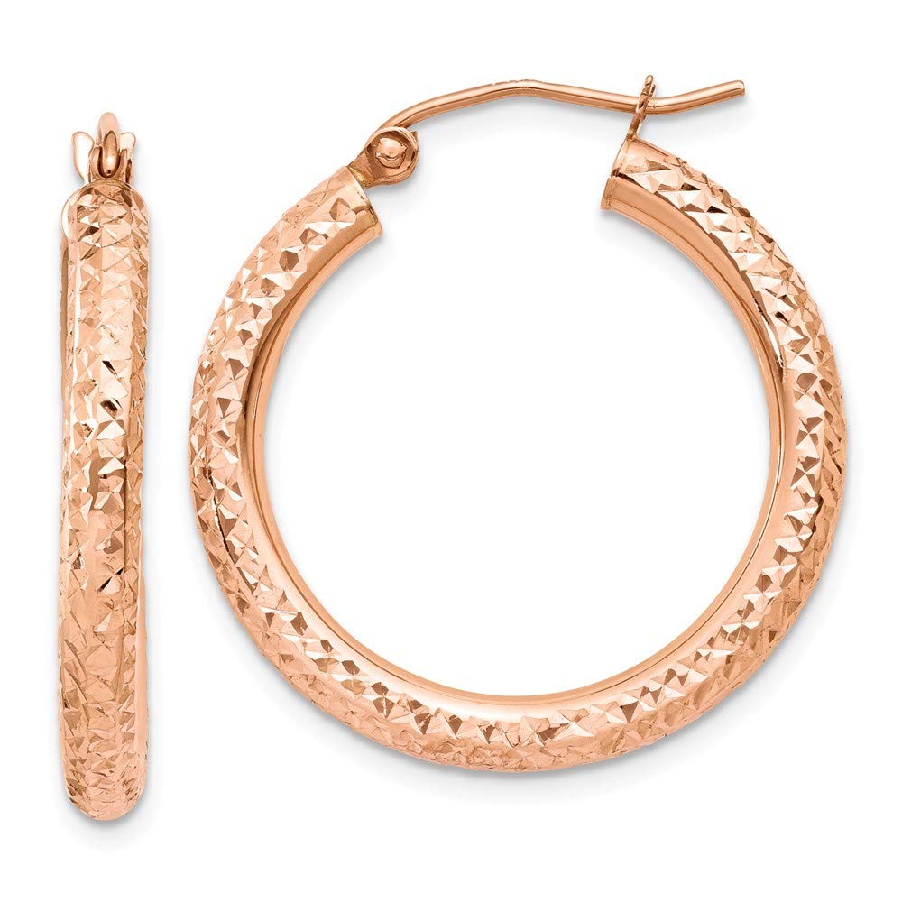 14K Rose Gold 3mm Diamond-Cut Hoop Earrings for Women - 25mm Length | Roy Rose Jewelry | Perfect for Everyday Wear, Date Nights & Special Occasions