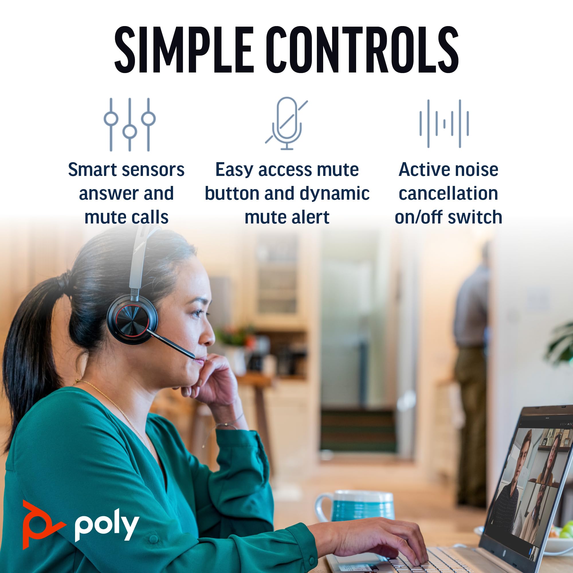 Poly Voyager Focus 2 UC Wireless Headset with Active Noise Canceling (ANC) - Bluetooth Headphones for PC, Mac & Mobile - Includes Charging Stand & Microphone - Perfect for Teams, Zoom Calls & Remote Work (Amazon Exclusive)