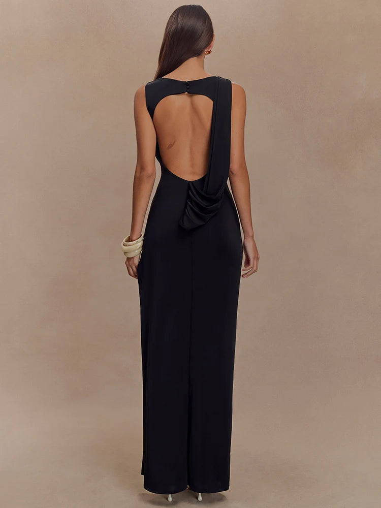 Sexy Backless Ruched Maxi Tank Dress for Women - Elegant O Neck Thigh High Split Bodycon Long Gown | Perfect for Summer Parties, Date Nights & Beach Vacations