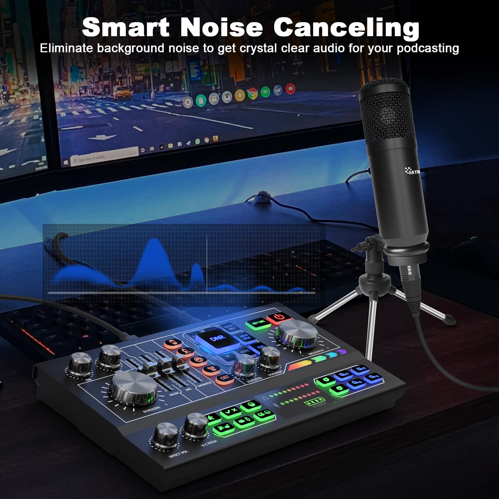 Professional Podcast Equipment Bundle for 2 - Audio Interface with 48V Phantom Power, Voice Changer, 3.5mm Condenser Mic & Dual Bluetooth Wireless - Perfect for PC/Smartphone/Laptop Streaming, Recording, TikTok Videos & YouTube Content Creation
