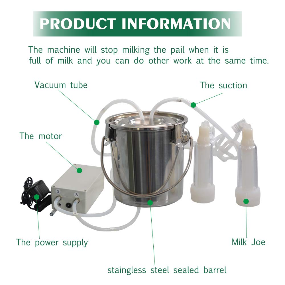 3L Electric Goat Milking Machine - Automatic Pulsation Vacuum Milker with 2 Teat Cups & Stainless Steel Bucket - Portable Pulse Breast Pump for Dairy Goats - Perfect for Small Farms, Homesteads and Goat Milk Production