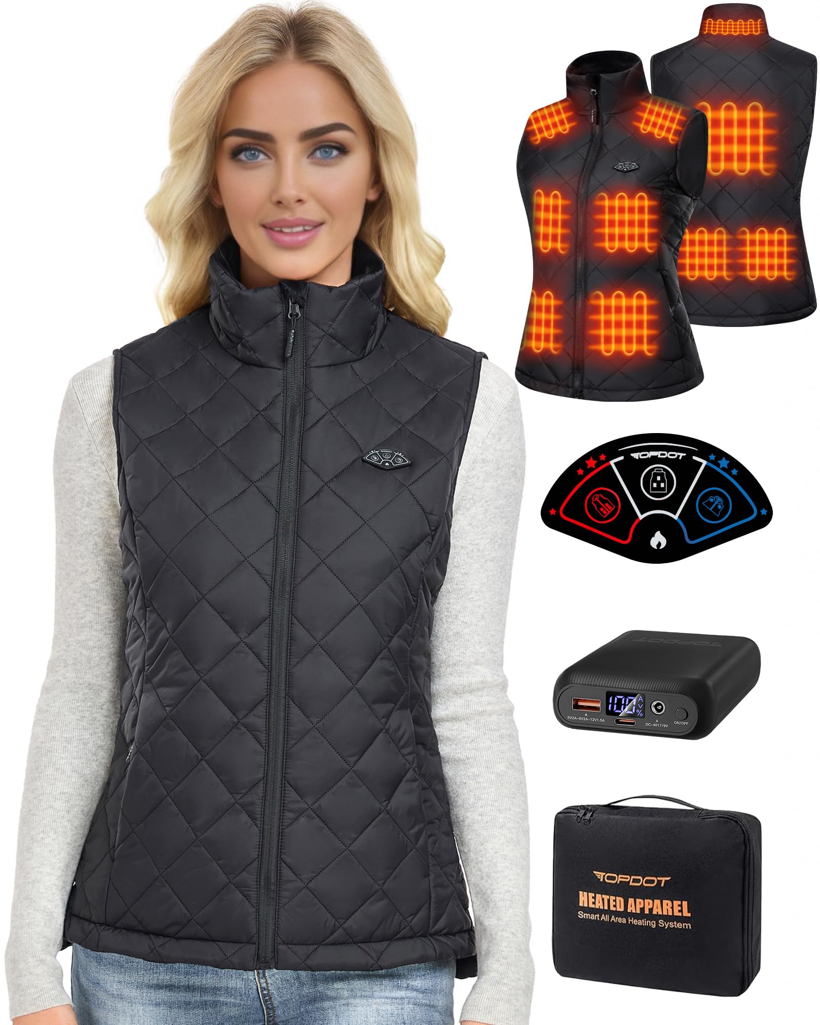 Topdot Women's Heated Vest with 16000mAh Battery - 8 Heating Zones, Lightweight & Warm Winter Jacket for Outdoor Activities (Hiking, Skiing, Camping)