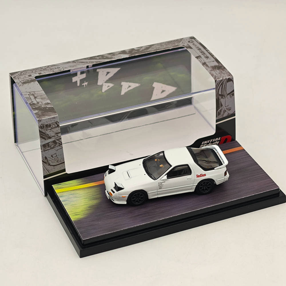 1/64 Scale Mazda RX-7 FC3S RedSuns Initial D Diecast Model Car with Open Headlights - HJ643043D Collectible for Anime Fans & Car Enthusiasts - Perfect for Display, Gifts, and Anime-Themed Collections
