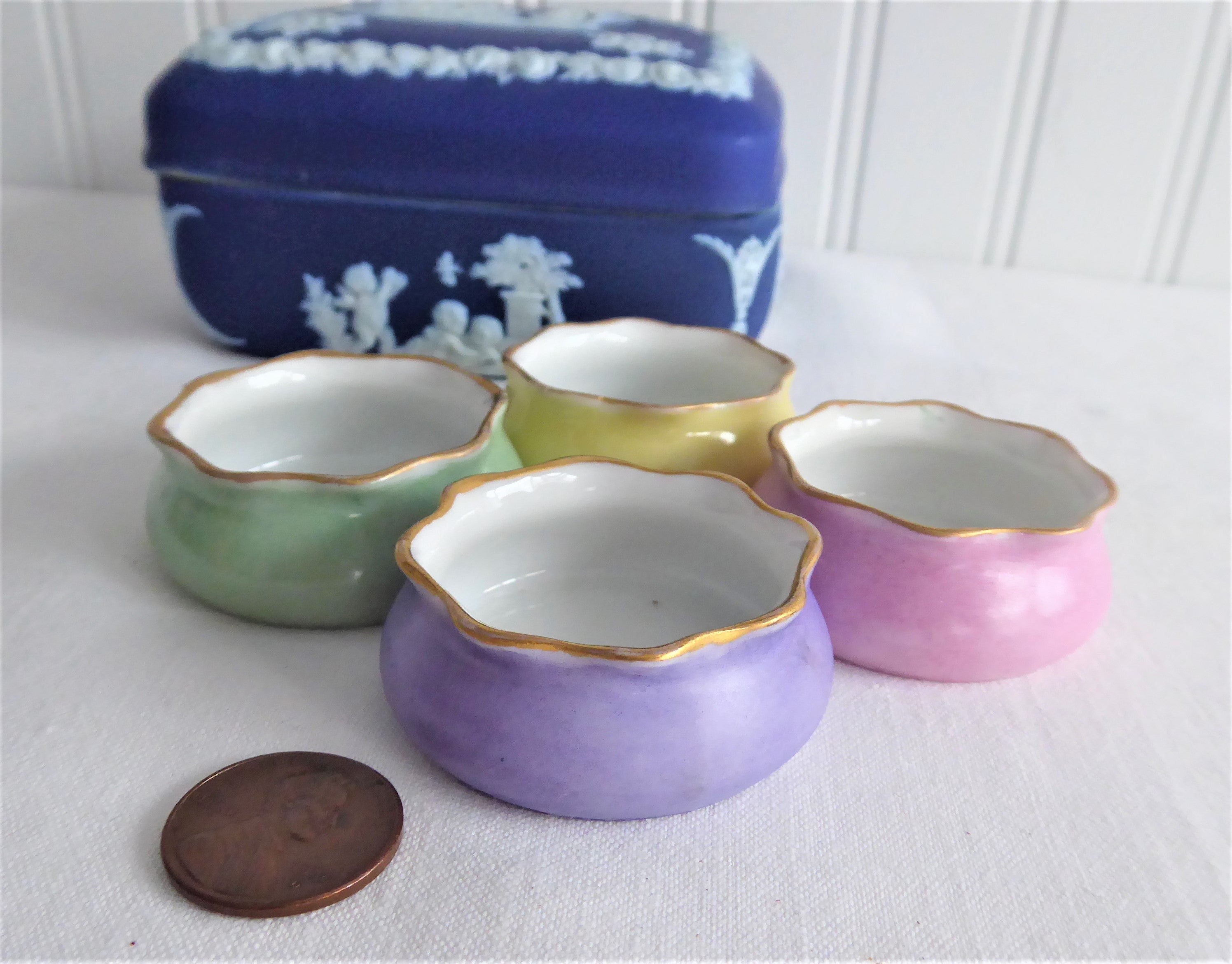 Antique English Victorian Four Open Salts Set - Pink, Green, Yellow, Lavender Pouches (1890s) | Vintage Tableware for Tea Parties, Wedding Decor & Collectibles