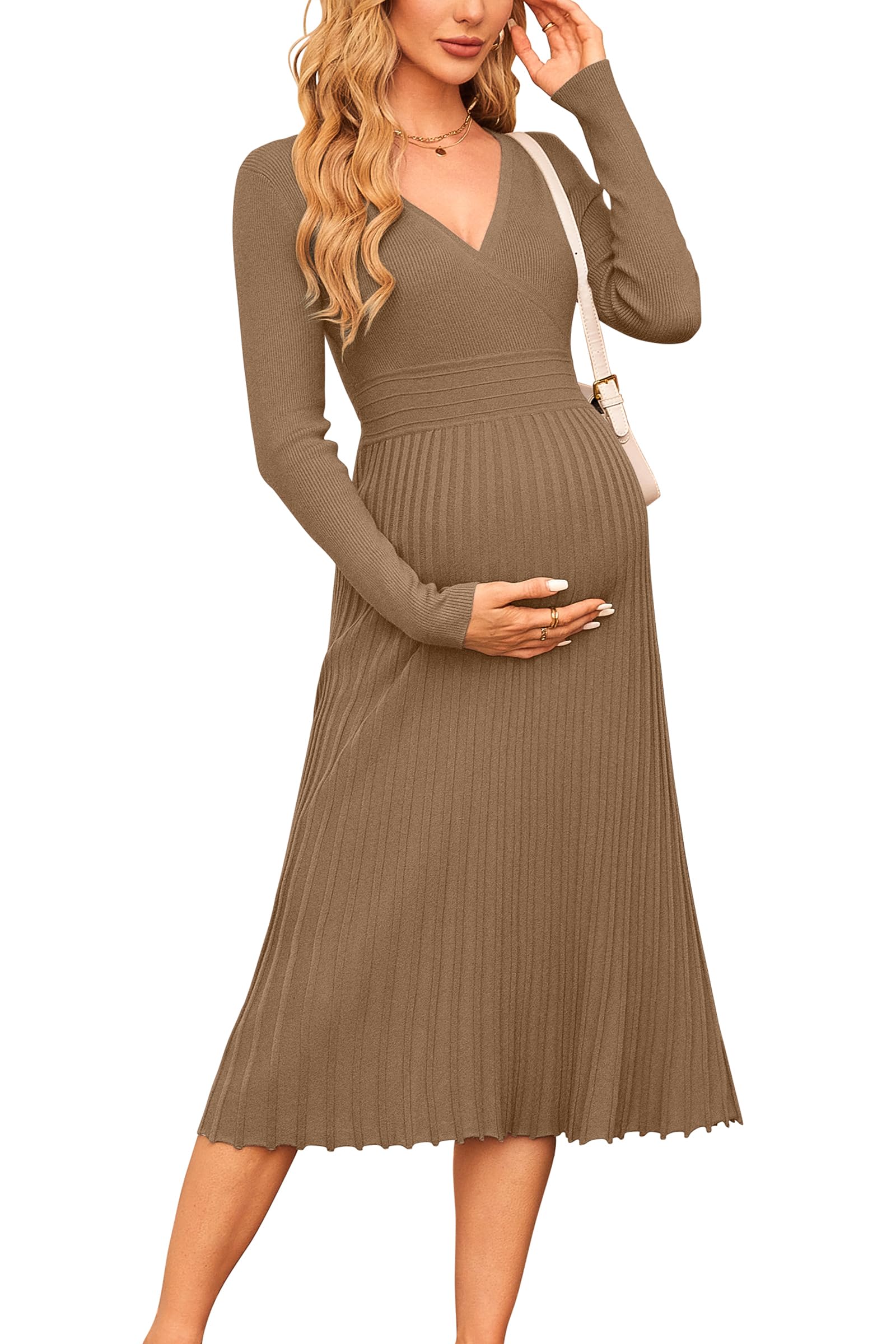 OUGES Women's 2024 Fall Maternity Dress - Long Sleeve Wrap V-Neck Pleated Midi Sweater Dress for Pregnancy | Trendy Casual Outfit for Work, Baby Shower & Autumn Photoshoots