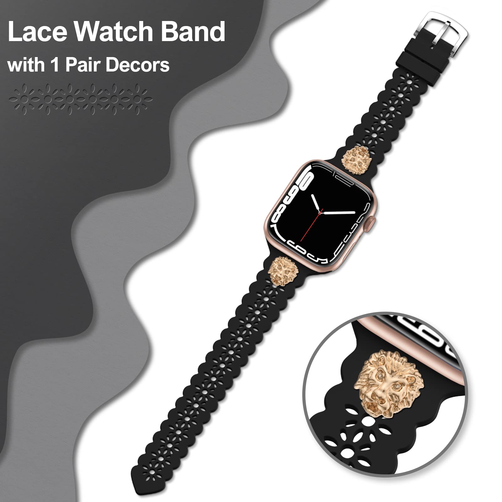 Elegant Lace Silicone Apple Watch Band with Charms - Compatible with 38mm 40mm 41mm 42mm 44mm 45mm iWatch Series 7/6/SE/5/4/3/2/1 - Stylish Slim Sport Band for Women - Perfect for Workouts, Office Wear & Everyday Fashion Accessories