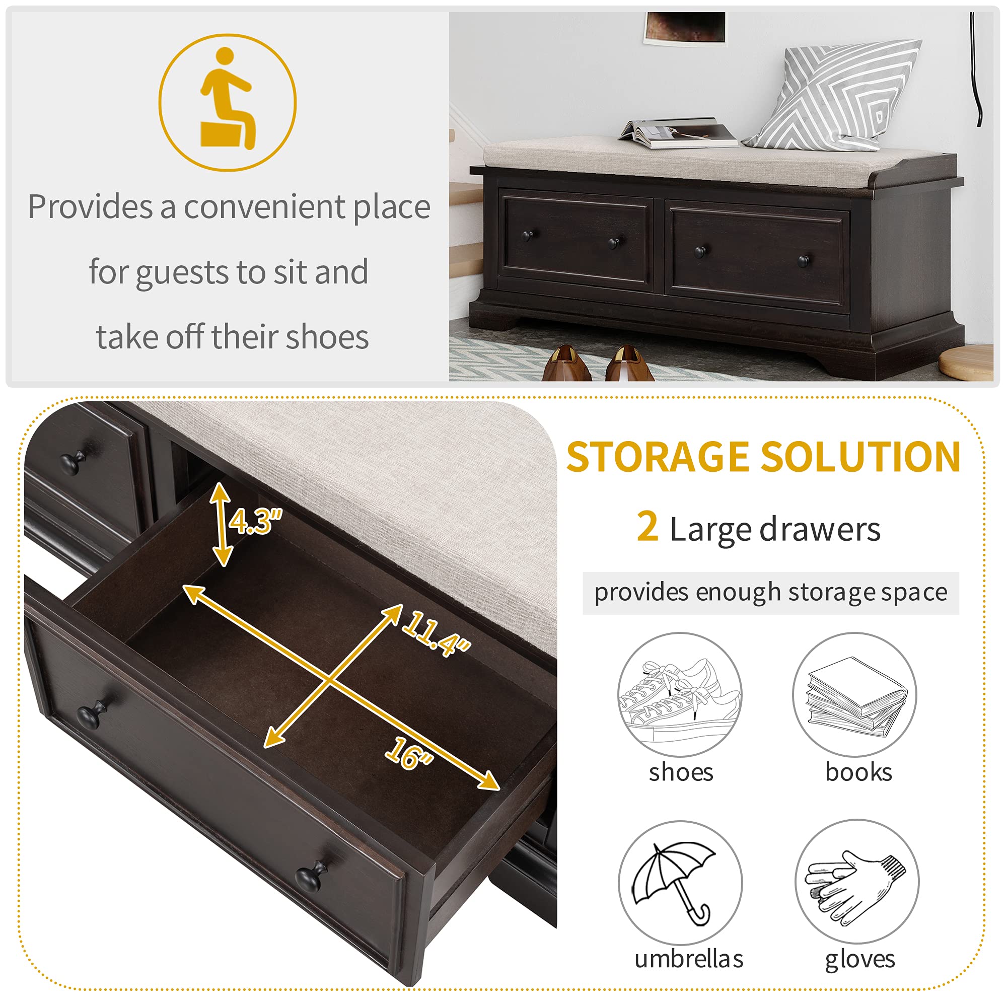 **Solid Wood Fully-Assembled Shoe Storage Bench with 2 Large Drawers & Removable Linen Blend Cushion - Entryway, Hallway, Living Room Bench (Espresso & Wood) - Perfect for Organizing Shoes, Coats & Home Decor**